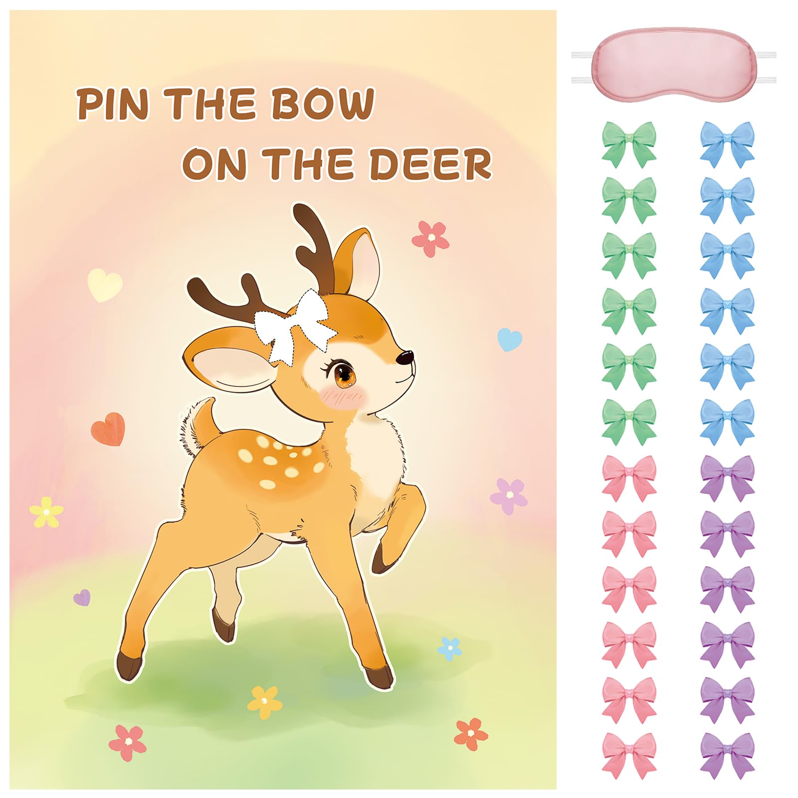 Pin the Bow Game, Kids Birthday Party Games, Deer Theme - With 24 Stickers