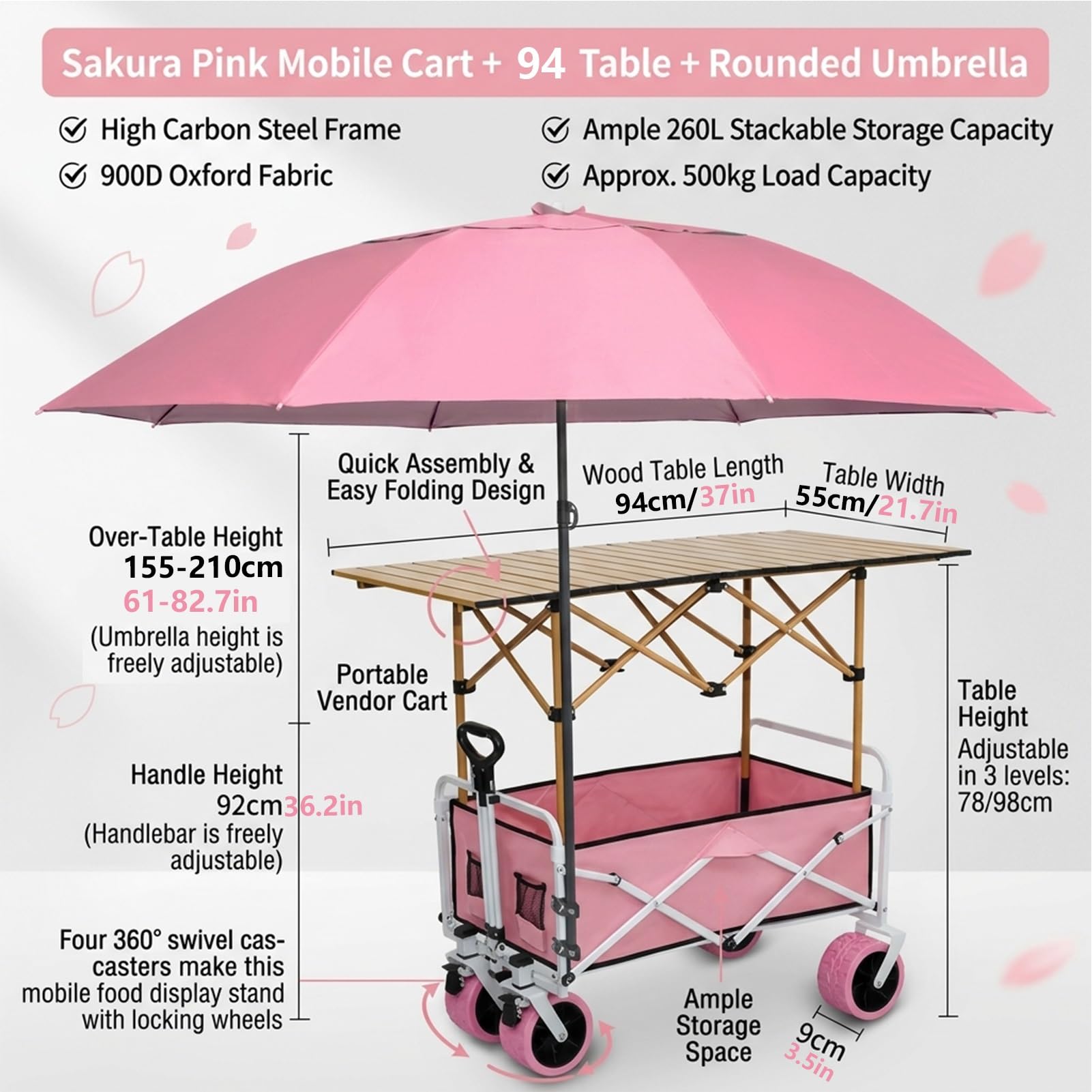 Carrello pieghevole per esterni con tettoia, espositore mobile per cibo da strada, ruote bloccabili, carro portatile per mercato, campeggio, spiaggia