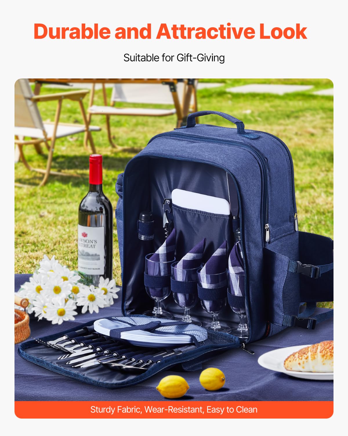 VEVOR Zaino da Picnic per 4 Persone, Capacità di 20 L Borsa da Picnic da Spiaggia con Portabottiglie Vino Staccabile, Coperta Leggera, Piatti e Sei di Posate per Esterni, Blu Marino