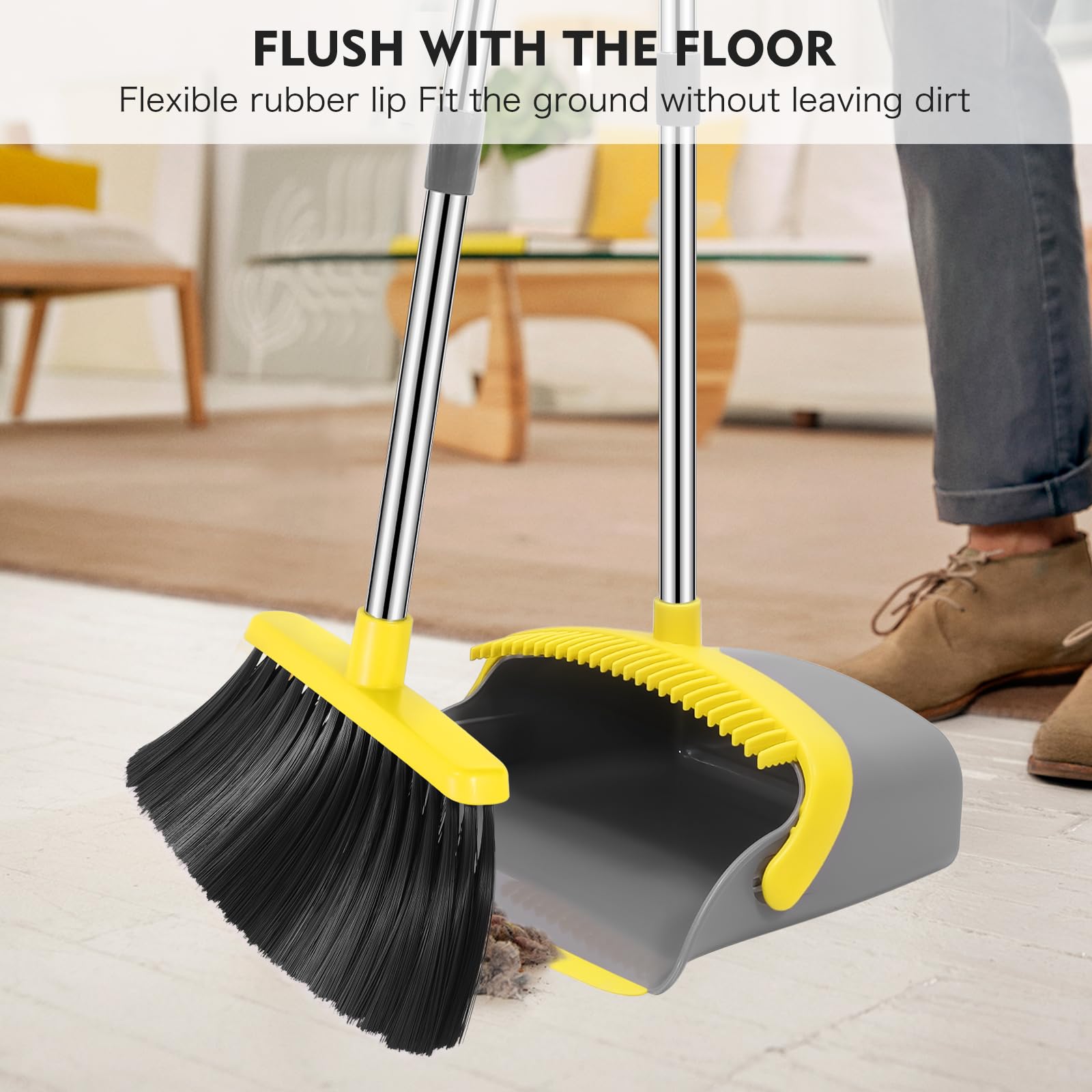 NACENA Besen- und Kehrschaufel-Set, 139,7 cm lang, verstellbarer Griff, Besen, Kehrschaufel mit Kehrschaufelzähnen zur automatischen Haarreinigung, geeignet für Zuhause, Küche, Büro, Flur, Boden, groß