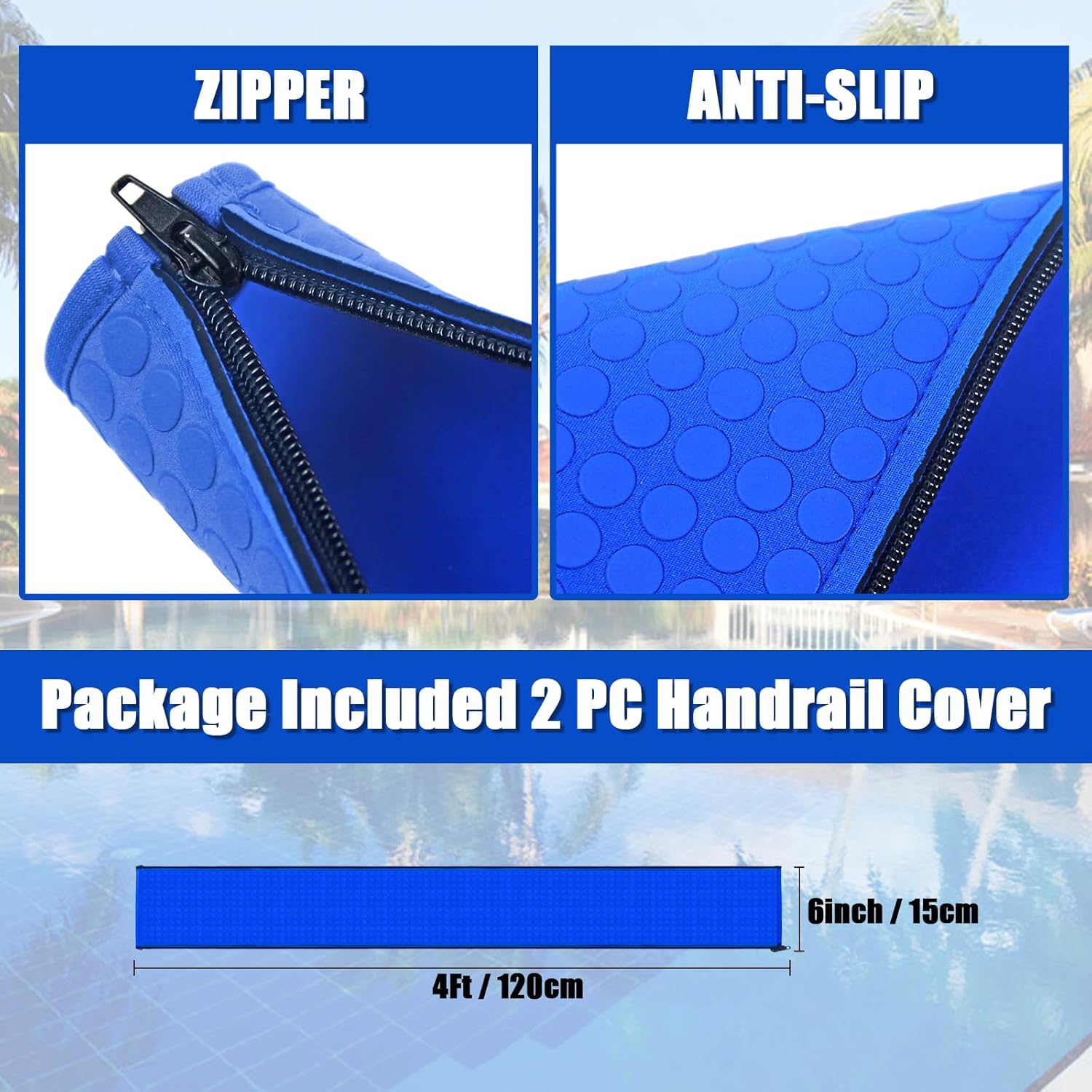 Pool Handrail Covers with Zippers 4 6 8 10 Ft Inground Swimming Pools Hand Rail Cover, Anti-Slip Cool Touch Heat Resistant, Blue, Non Slip Swim Pool Railing Ladder Stair Handle Grip (4 Feet 2 Pcs)