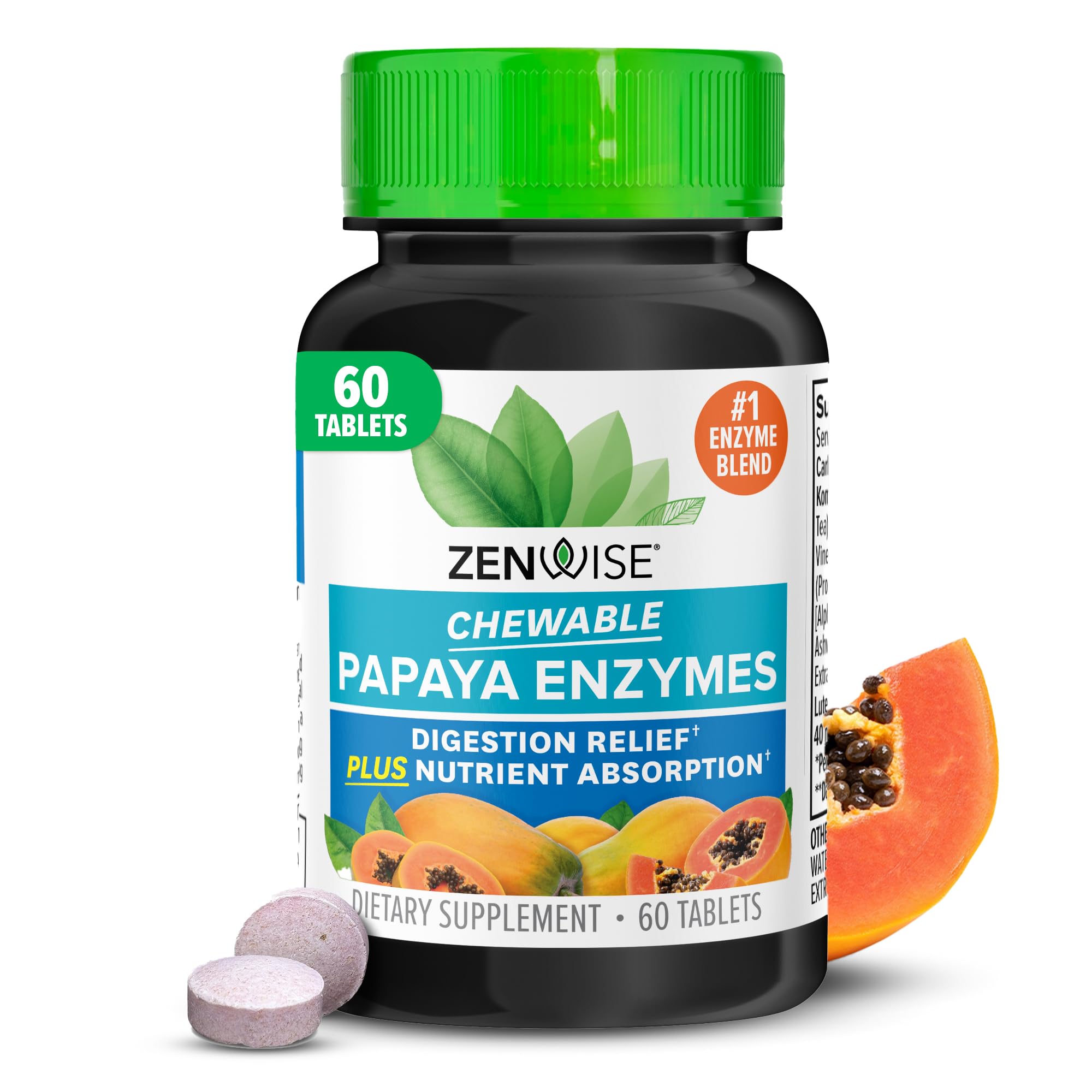 Zenwise Health Chewable Papaya Enzymes for Digestion & Gut Support - Chewable Digestive Enzyme Blend with Papain and Bromelain for Digestive Health & Bloating Relief - Women & Men - 60 Tablets