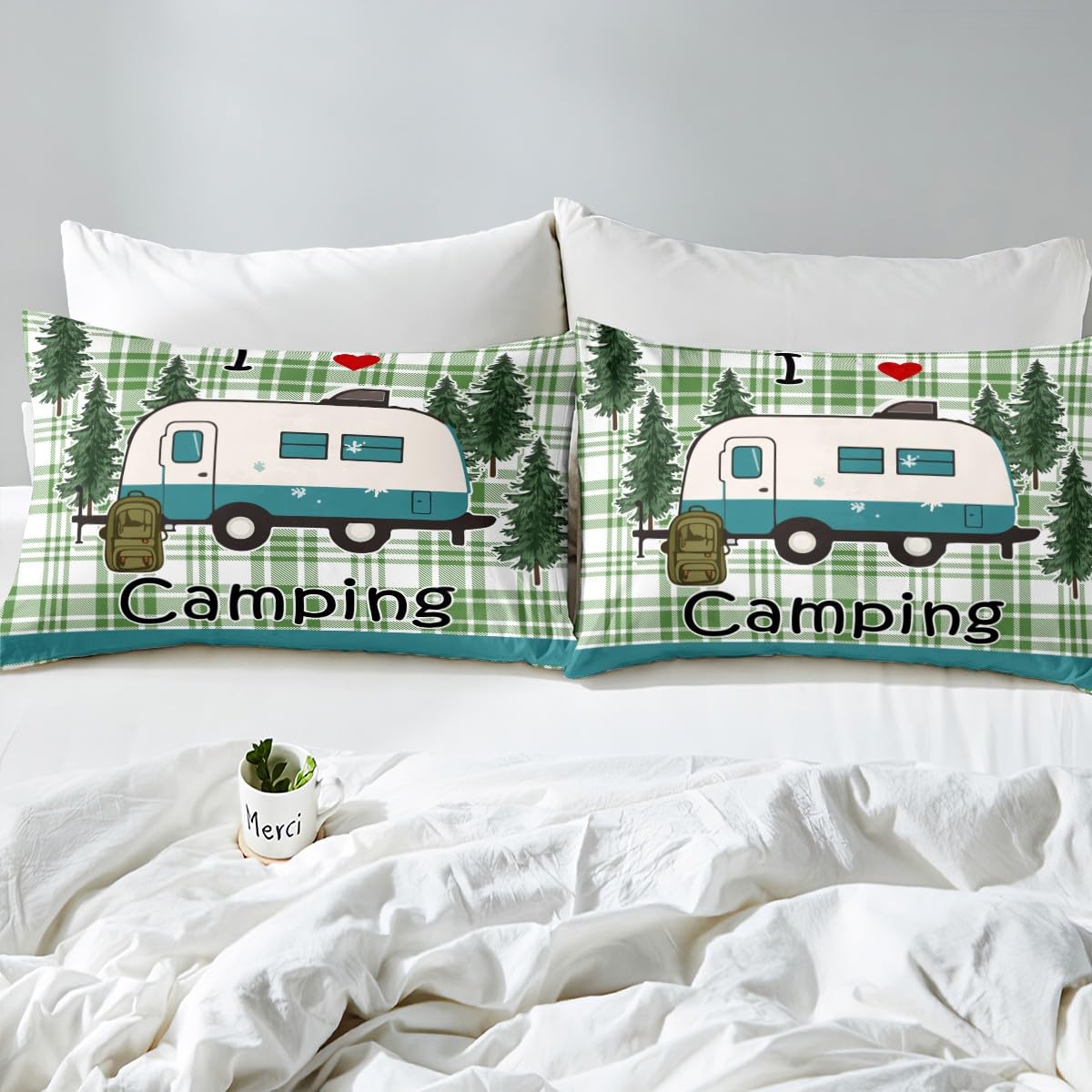 Loussiesd Happy Camping zestaw poszewek na kołdrę w rozmiarze super king size dla dzieci, chłopców, dziewcząt, nastolatków, kampera, kempingu, akcesoria do przyczep podróżnych, zielona poszewka na