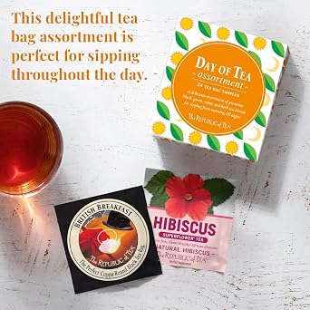 The Republic of Tea Day of Tea Assortment Sampler, 24 Individually Wrapped Tea Bags, Black Tea, Green Tea, Herbal Tea