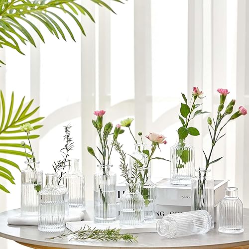 Miniatura 6 de Juego de 12 mini jarrones pequeños para flores a granel de vidrio acanalado jarrones para centro de mesa, mesa decorativa, boda, recepción, regalo