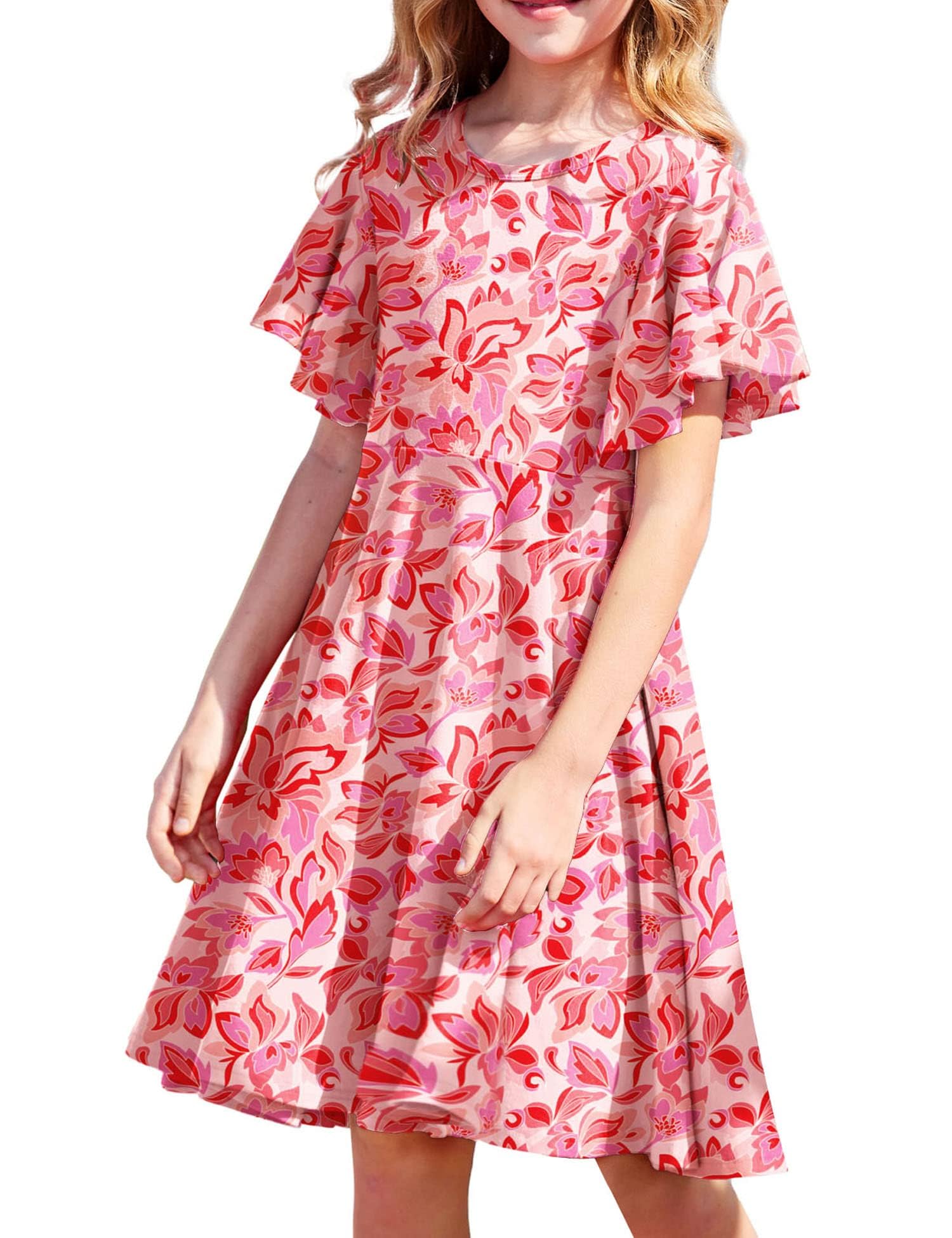 Arshiner Vestidos para Niñas Vestido con Mangas de Mariposa Cuello Redondo Vestido de Verano Vestido de Algodón Vestido de Fiesta Boda Informal Ropa Infantil con Bolsillo 5-13 Años