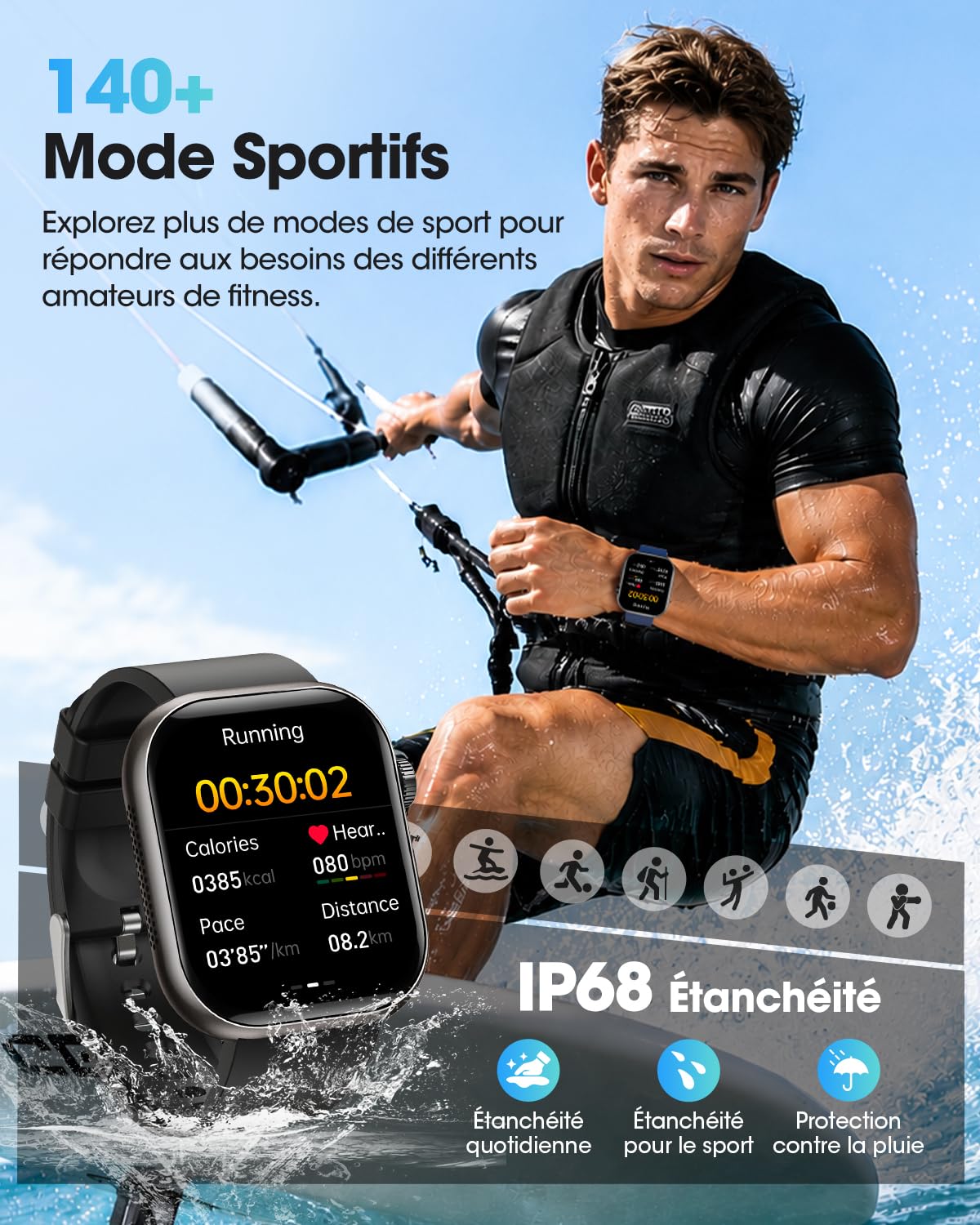 Montre Connectée Homme, ECG, HRV, IMC, Micro-Bilan de Santé, Noir