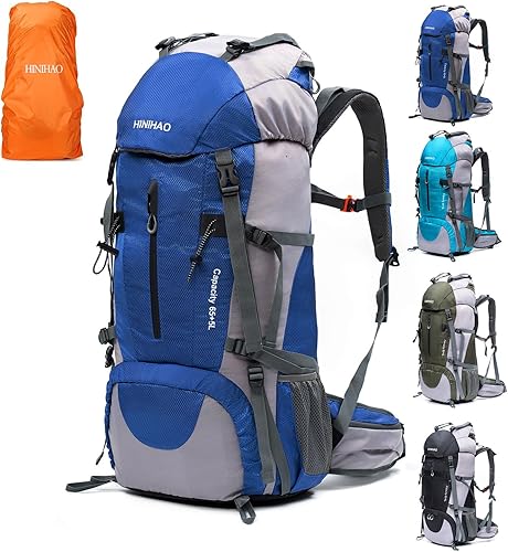 HINIHAO Mochila de senderismo para acampar de 70 litros con cubierta de lluvia, mochila para treeking paquete de viaje al aire libre (70L azul)