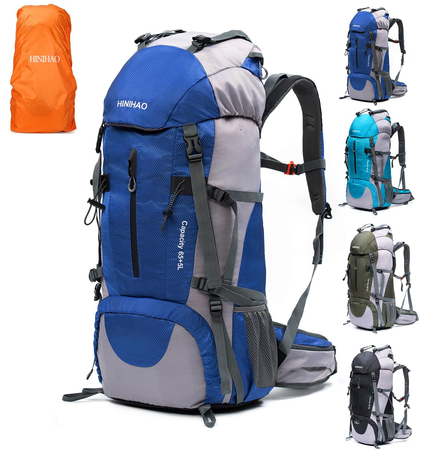HINIHAO 70L Camping Hiking Backpack with Rain Cover Backpacking Backpack for Treeking Outdoor Travel Pack (70L Blue)