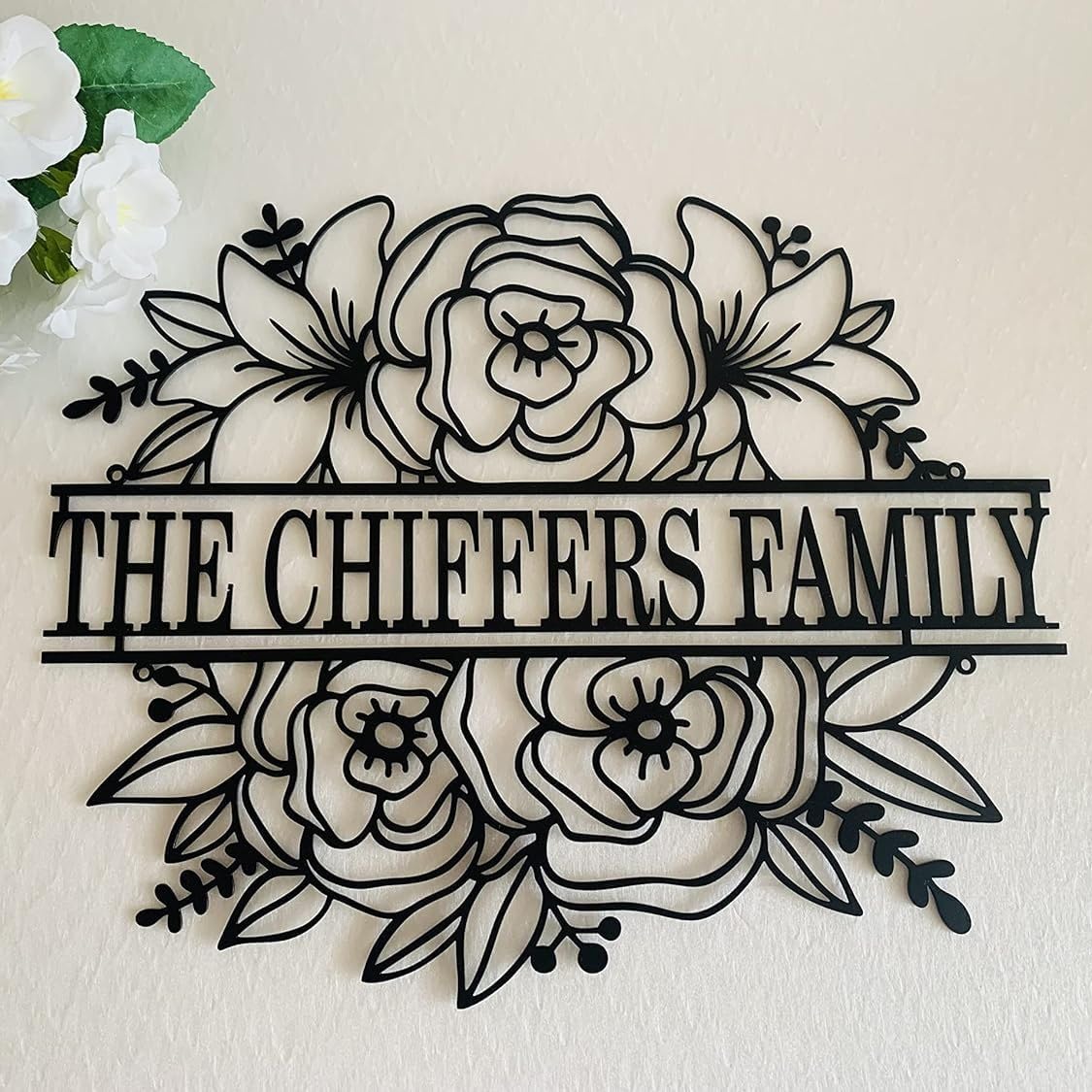 Letrero de pared de metal con nombre personalizado, Regalo para la familia,Jardín, Flores decoración del hogar, Arte de Pared, Cartel montado en la pared o puerta, Corona para la puerta de entrada