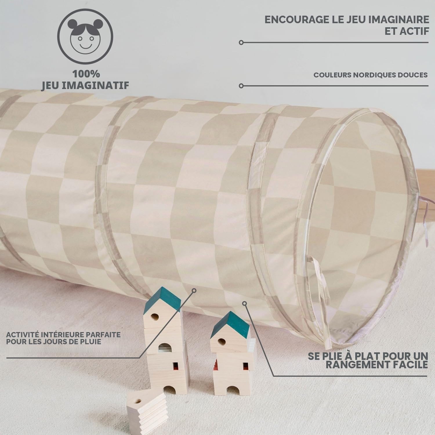 3 Sprouts - Tunnel de Jeu pour Enfant - Extérieur et Intérieur - Damier Beige