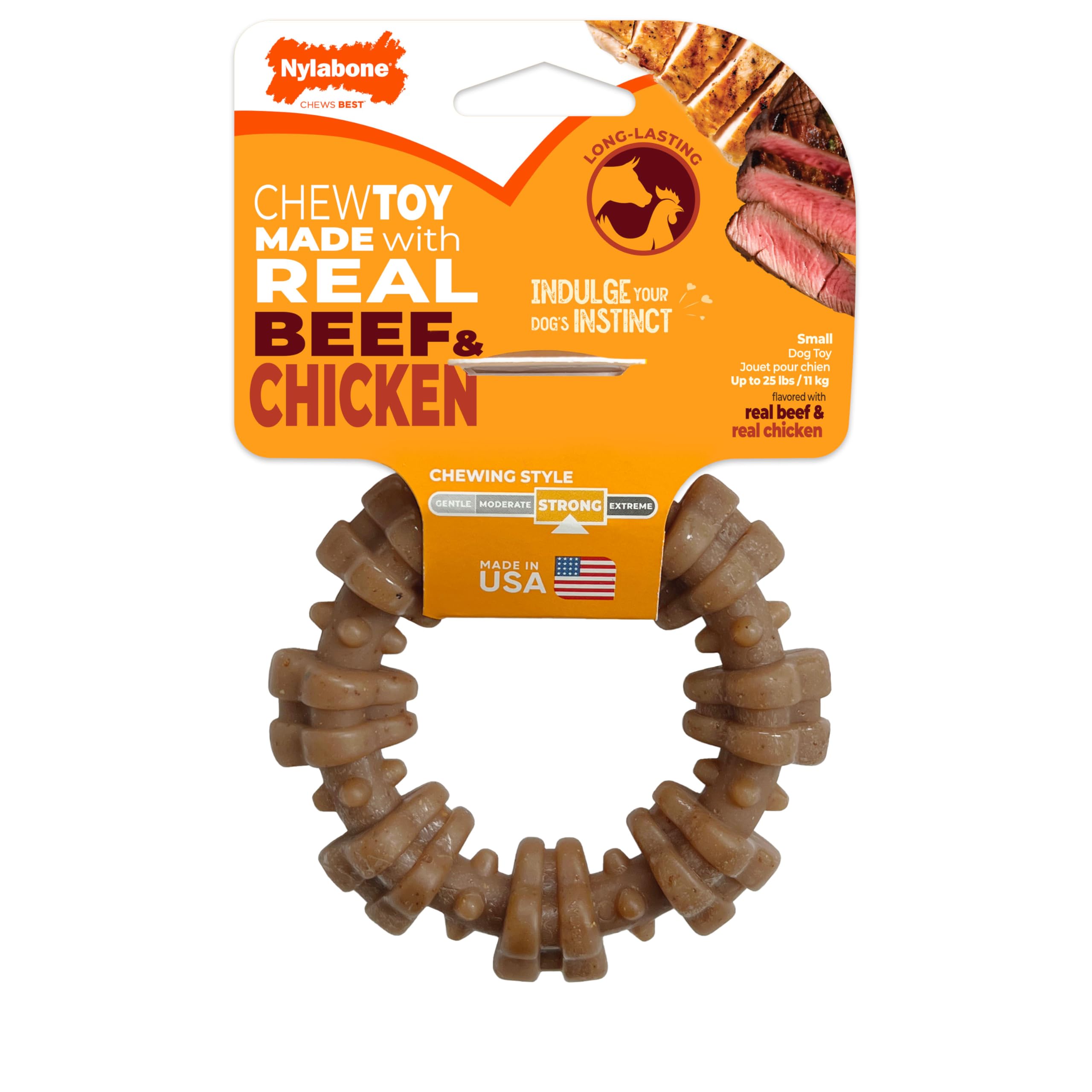 Nylabone Textured Ring Strong Chew Toy for Dogs Made with Real Beef & Chicken, Durable Dog Chew Bones for Aggressive Chewers, Keeps Dogs Busy, Small Dog Toys - Up to 25 lbs, 1 Count