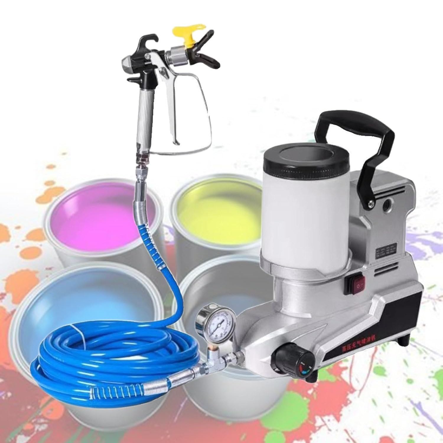 Spruzzatore elettrico airless per vernice, spruzzatore per vernice murale ad alta pressione da 1600 W, pistola a spruzzo elettrica per vernice murale da 2 l, con tubo flessibile da 5 m e 3 velocità