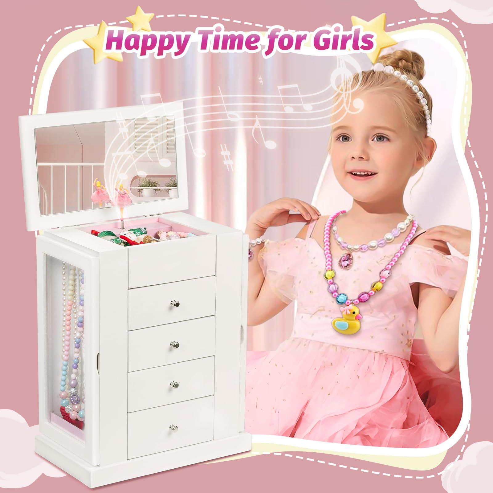 Joyero Musical Niña Madera Bailarina Giratoria 5 Niveles Regalo Blanco