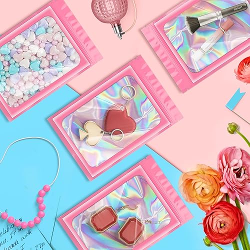 Miniatura 4 de Paquete de 100 bolsas holográficas, bolsas resellables con ventana transparente, bolsa de papel de aluminio resellable para almacenamiento de