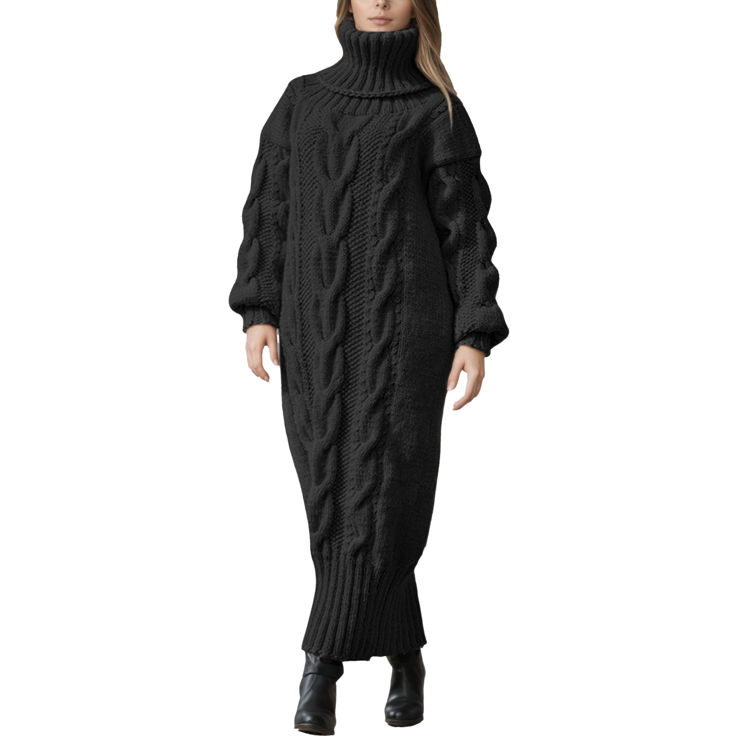 Women Fall Turtleneck Cable Knit Sweater Maxi Dress Winter Oversized Loose Long Sleeve Pullover Jumper Tunic
