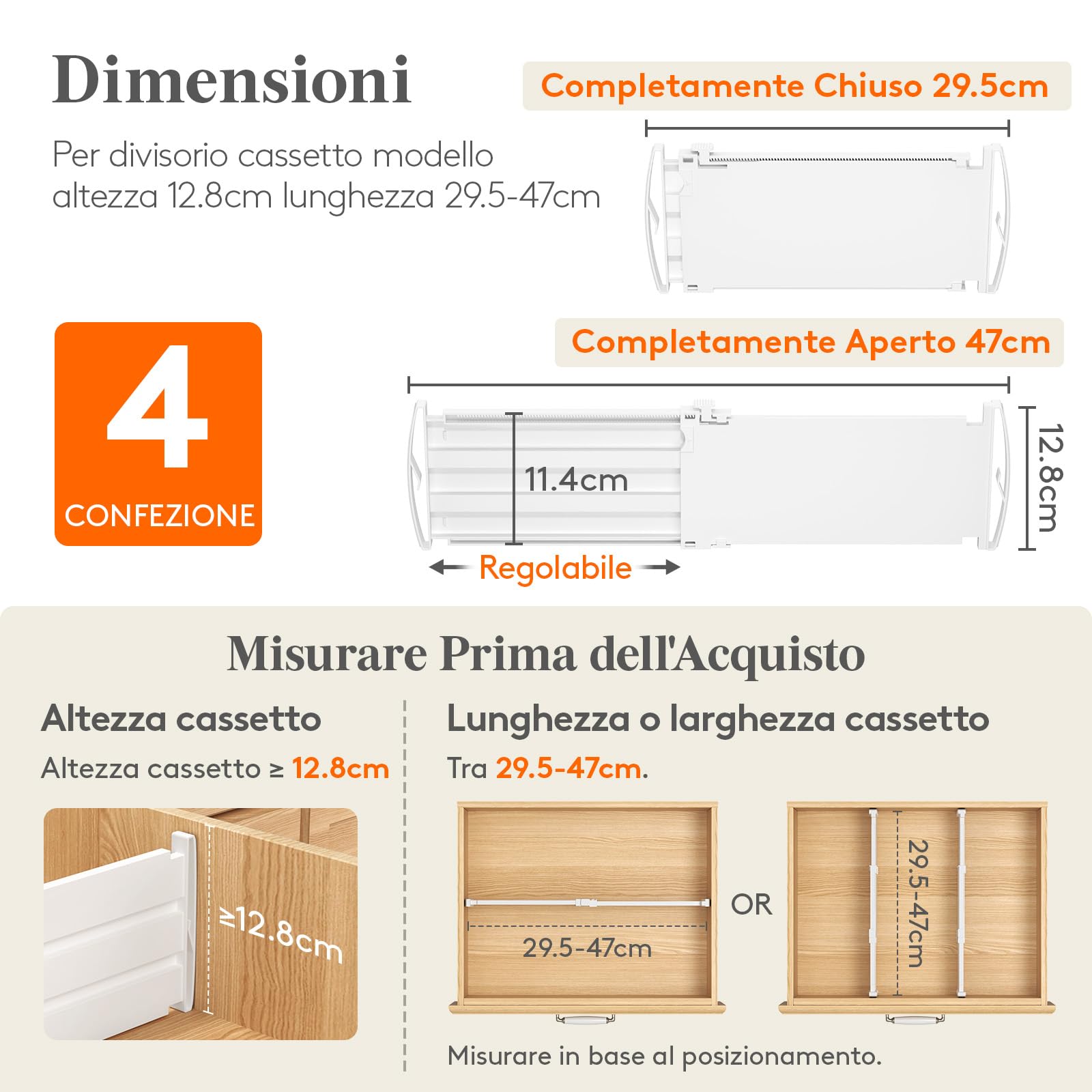 Lifewit Divisori per Cassetti Regolabili, Organizer per Armadio Salvaspazio, Separatore per Armadio, Cucina, Camera da Letto, Confezione da 4, Altezza 13 cm, 30-47 cm, Bianch