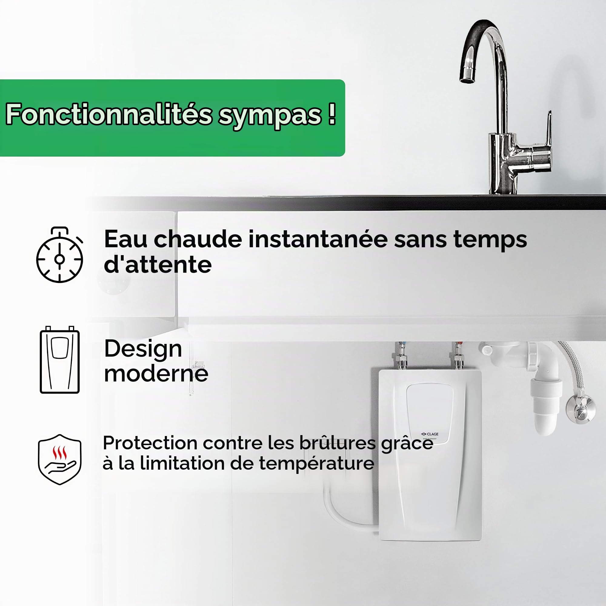 CLAGE CDX11-U 2400-26613 Chauffe-eau électronique compact pour la cuisine 11 kW 400 V Design fin pour montage sous évier Certifié VDE-GS