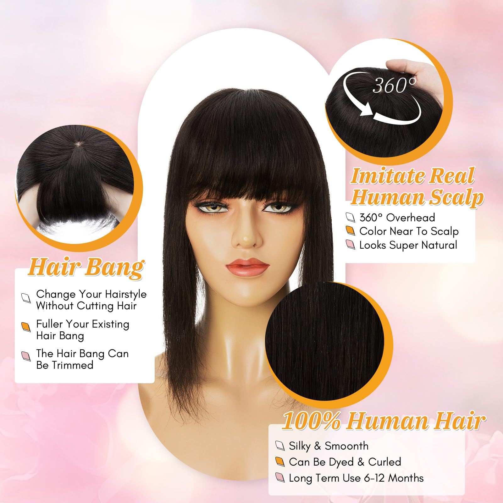 Elailite Hair Topper Donna Capelli Veri Clip 40cm #1B Nero Naturale Toupet Toupee Frangia Capelli Naturali Indiani Protesi 10cm*10cm con Mono 42g