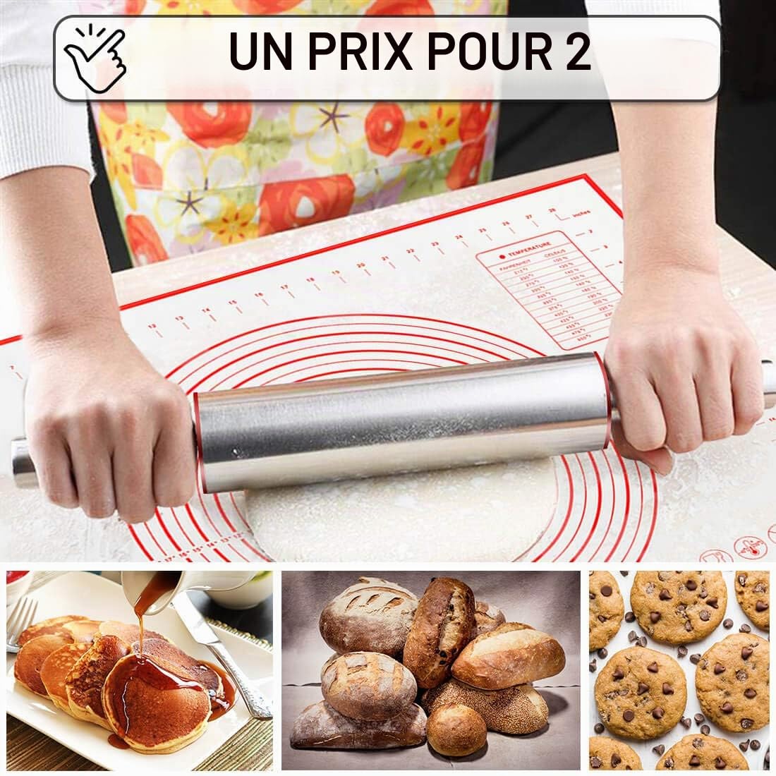 Rouleau Patisserie, Rouleau à Pâtisserie en Acier Inoxydable, Avec Marquage de Mesure Tapis de Cuisson en Silicone, Antiadhésive & Facile Rouleau, Rouleaux à Pâtisserie -pour Fondant Pizza Pâte Sablée
