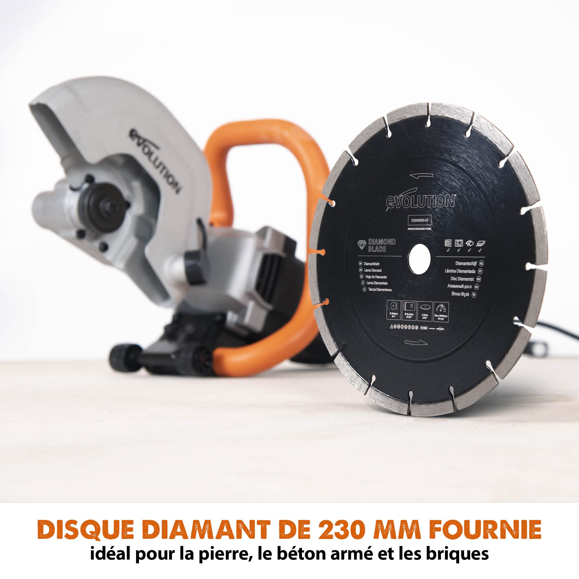 Evolution Power Tools Scie à Béton Pour couper le Béton, Pierre, Brique, les tuiles et autres - 2000W électrique, pas de Gaz, 90 mm de Coupe, avec Lame Diamant 230mm - R230DCT