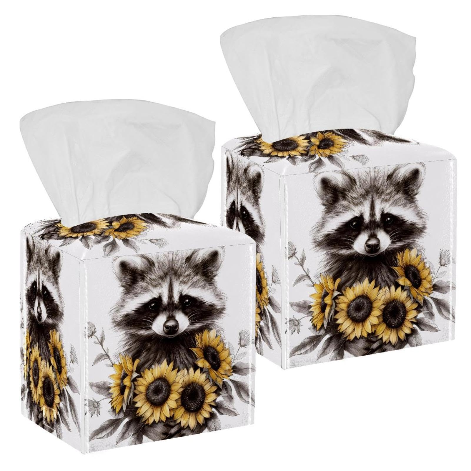 Raccoon Sunflower Tissue Box Cover, 2 Pack PU Leather Square Facial Tissue Dispenser Box holder for Home Office Car