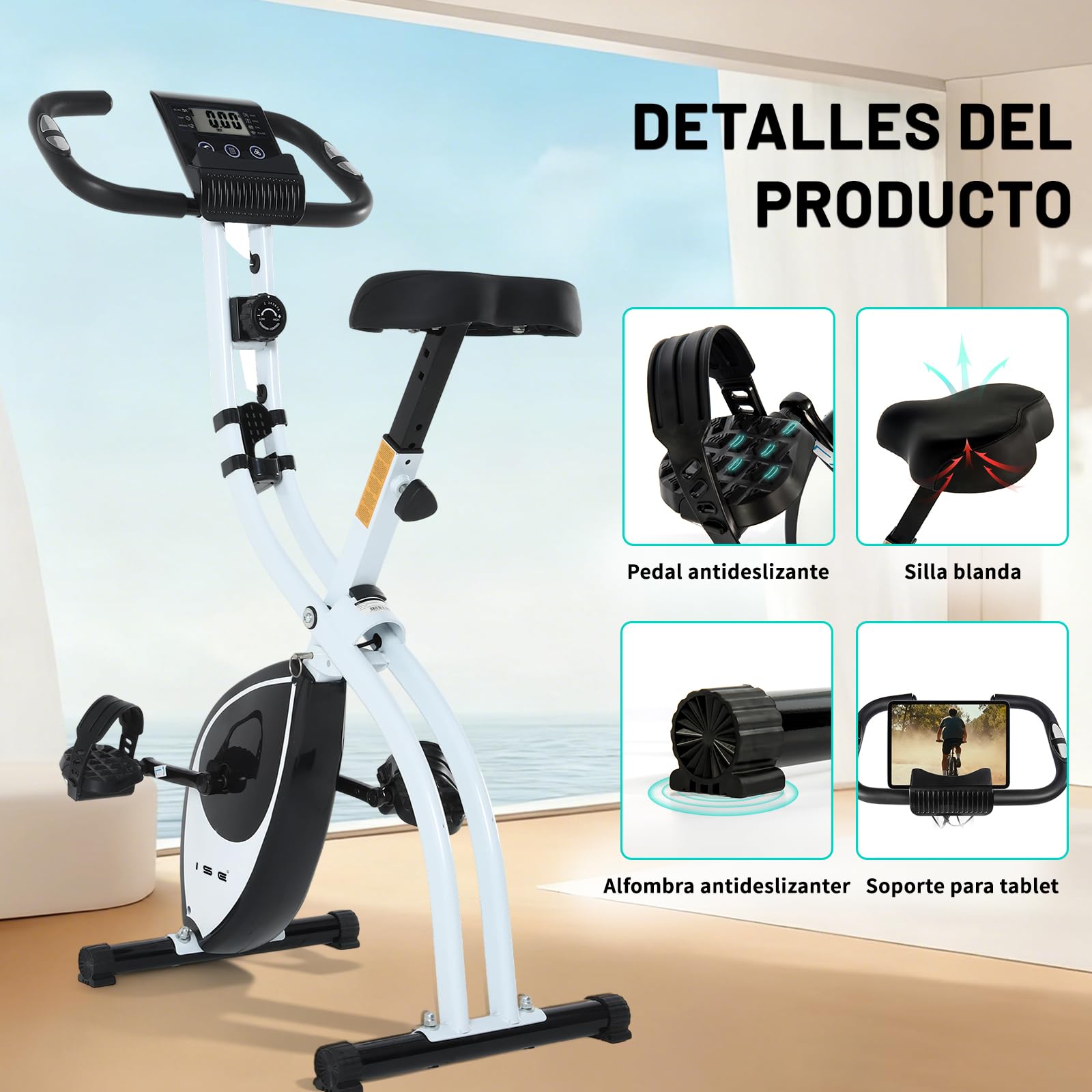 ISE Bicicleta estática plegable Cardio Training Fitness 8 niveles de resistencia magnética pantalla LCD Entrenamiento con sensor de frecuencia cardiaca, SY-810L