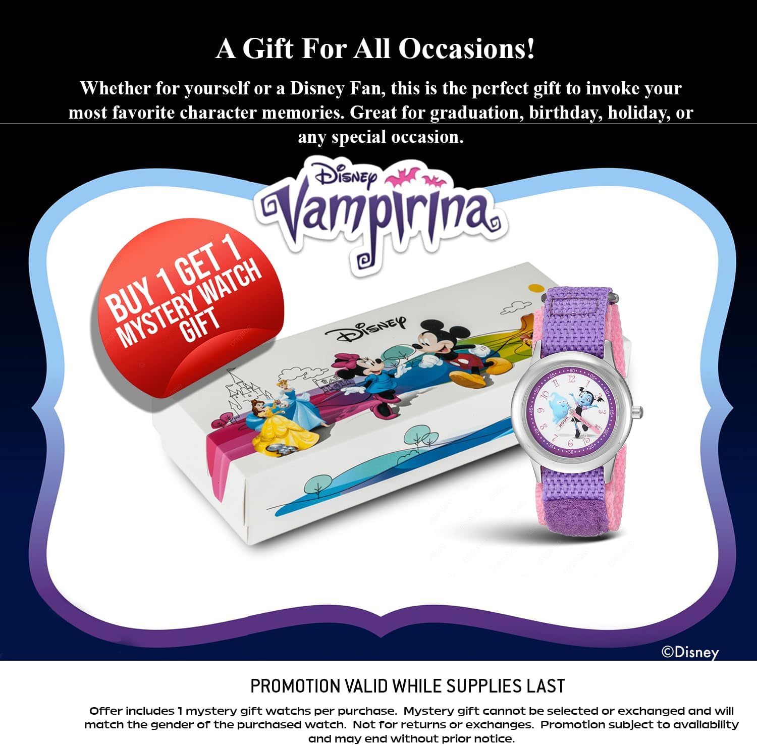Disney Junior Vampirina Watch for Kids 3–7 – Fun Character Dial – for Kids Who Love Spooky Adventures – Silver Bezel and Purple-Pink Nylon Strap – Buy and GET 1 Free Mystery Watch