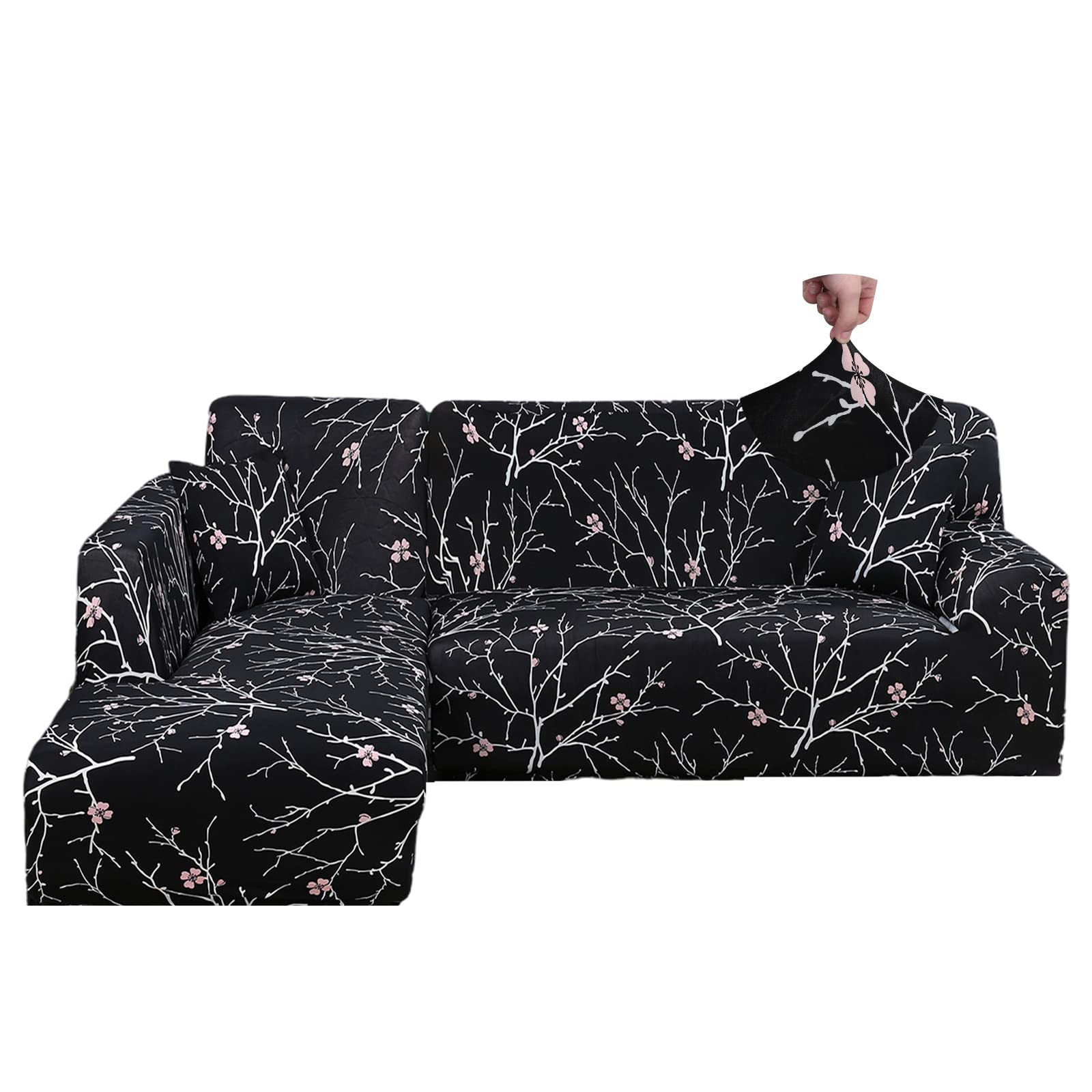 L Shape Stretch Sofa Cover Spandex Right/Left Chaise Lounge Couch Covers 2 Piece Washable for Pets Sofa Corner Slipcovers Furniture Protector (1 + 1 Seater Black Flower)