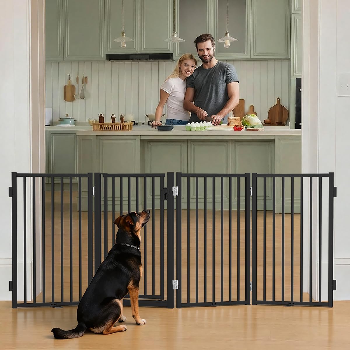 COMOMY 80" Free Standing Dog Gate with Door, Foldable Dog Fence for Indoor & Outdoor, 4 Metal Panels, Extra Wide Pet Gate for Stairs, Hallways, Doorways, Deck, Yard(32" Tall, White)