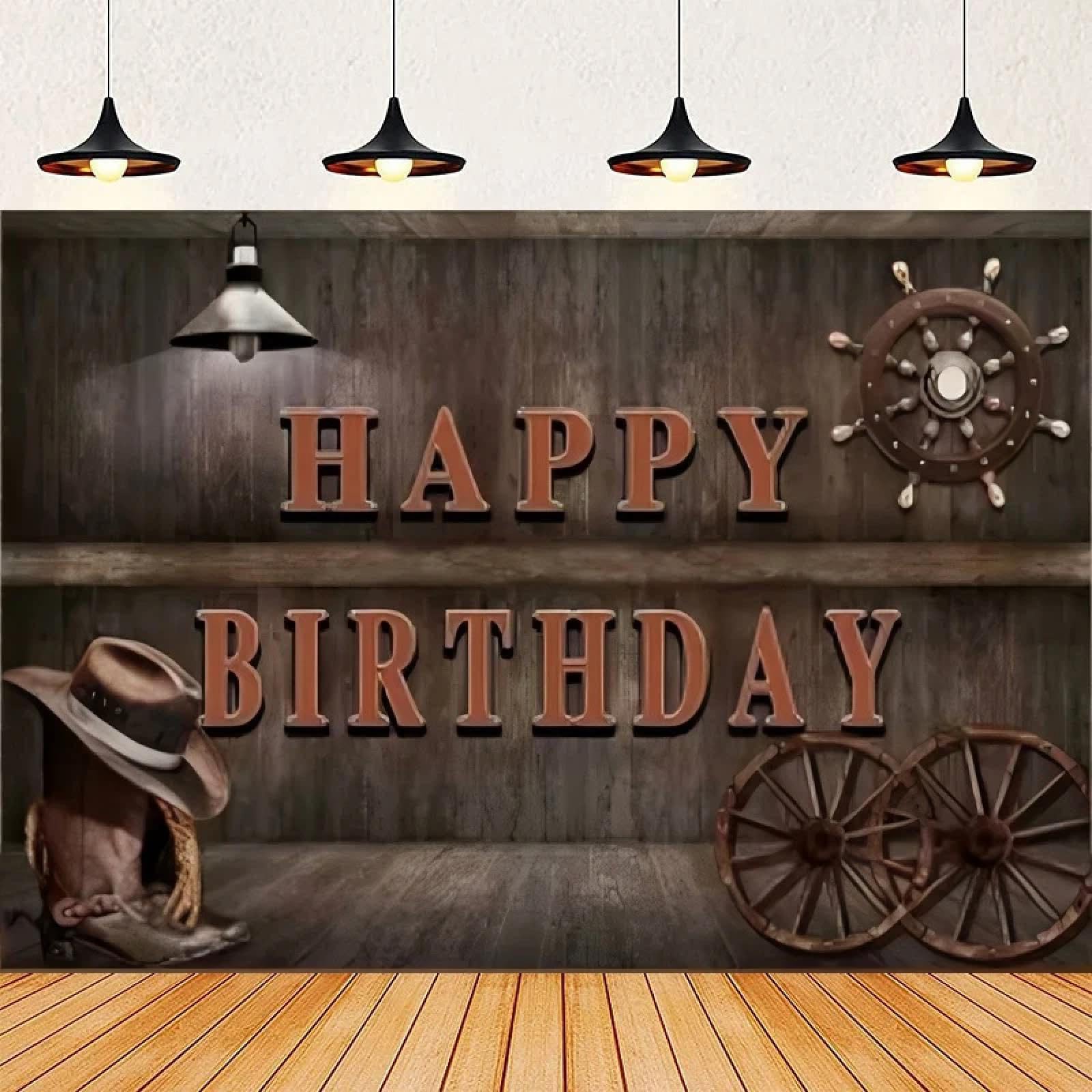 Tło fotograficzne Western Cowboy Barn Farm Drewno Rustykalne Happy Birthday Banner Starożytny Dziki Zachód Ściana