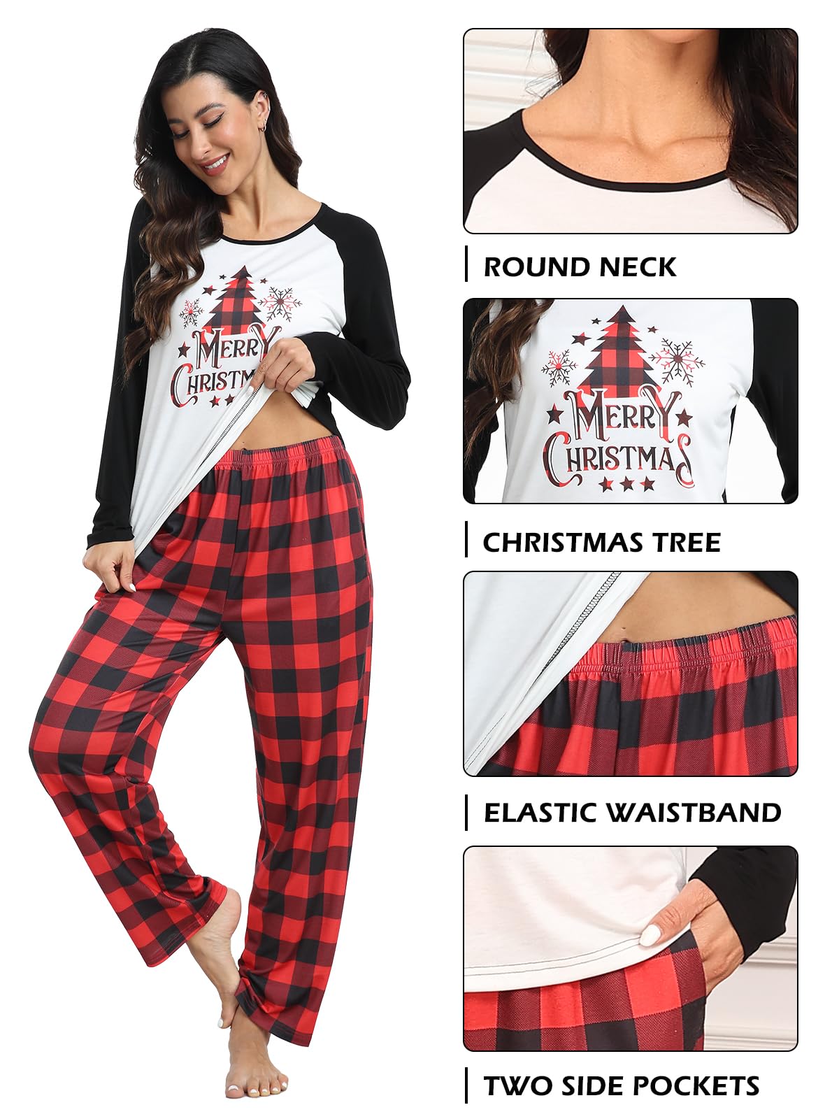 Pijamas de Navidad para parejas, hombres y mujeres, pijamas de manga larga a cuadros navideños estampados con bolsillos