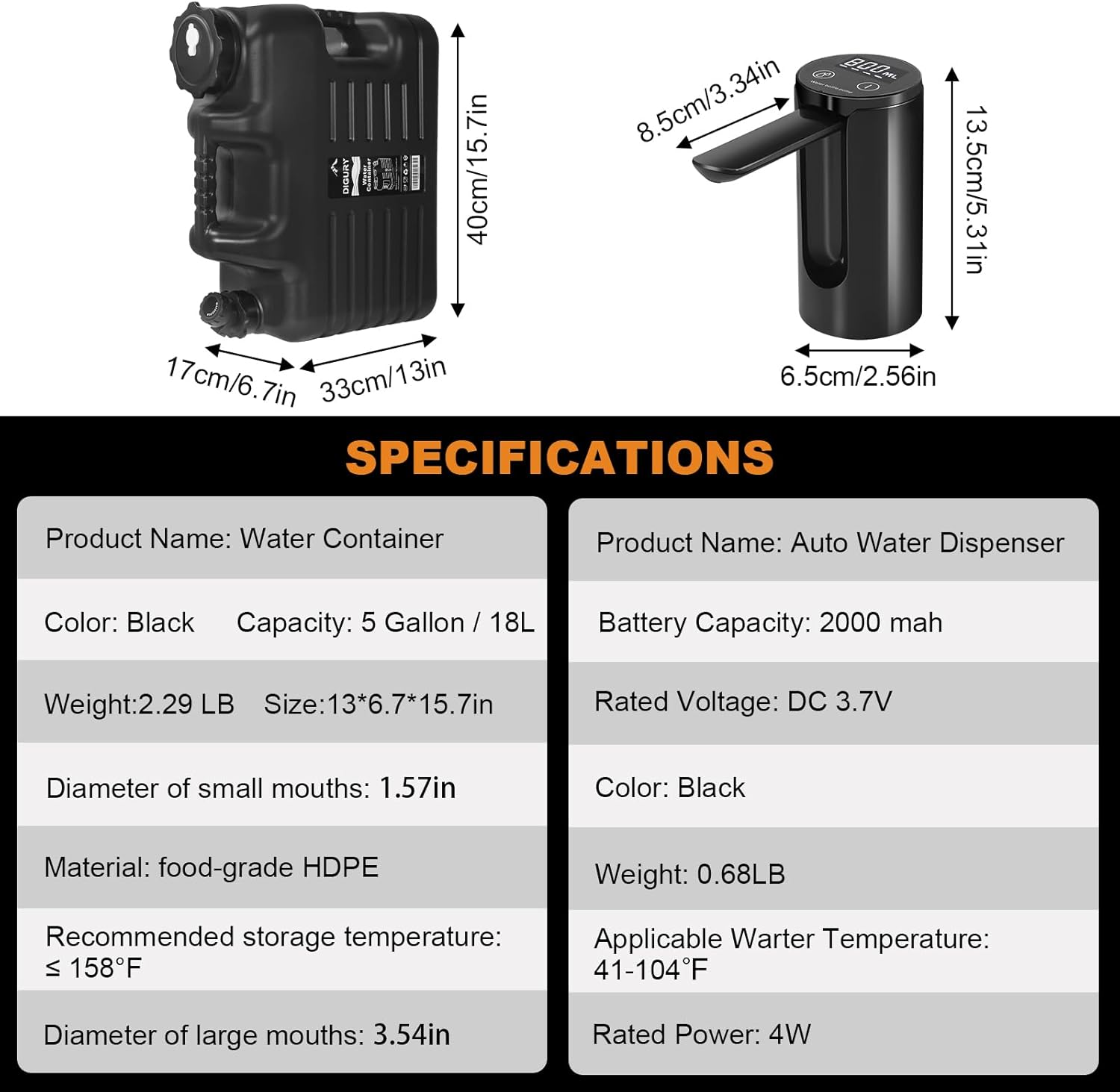 5 Gallon Water Jug with Electric Water Dispenser 2000mAh Automatic Type-C Rechargeable Water Pump BPA Free Camping Water Container Tank No Leakage