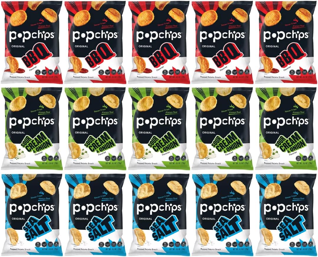 Veher Popchips Potato Chips Variety Pack - Sour Cream & Onion, Sea Salt, & BBQ - 0.8 Bags (28-Count)