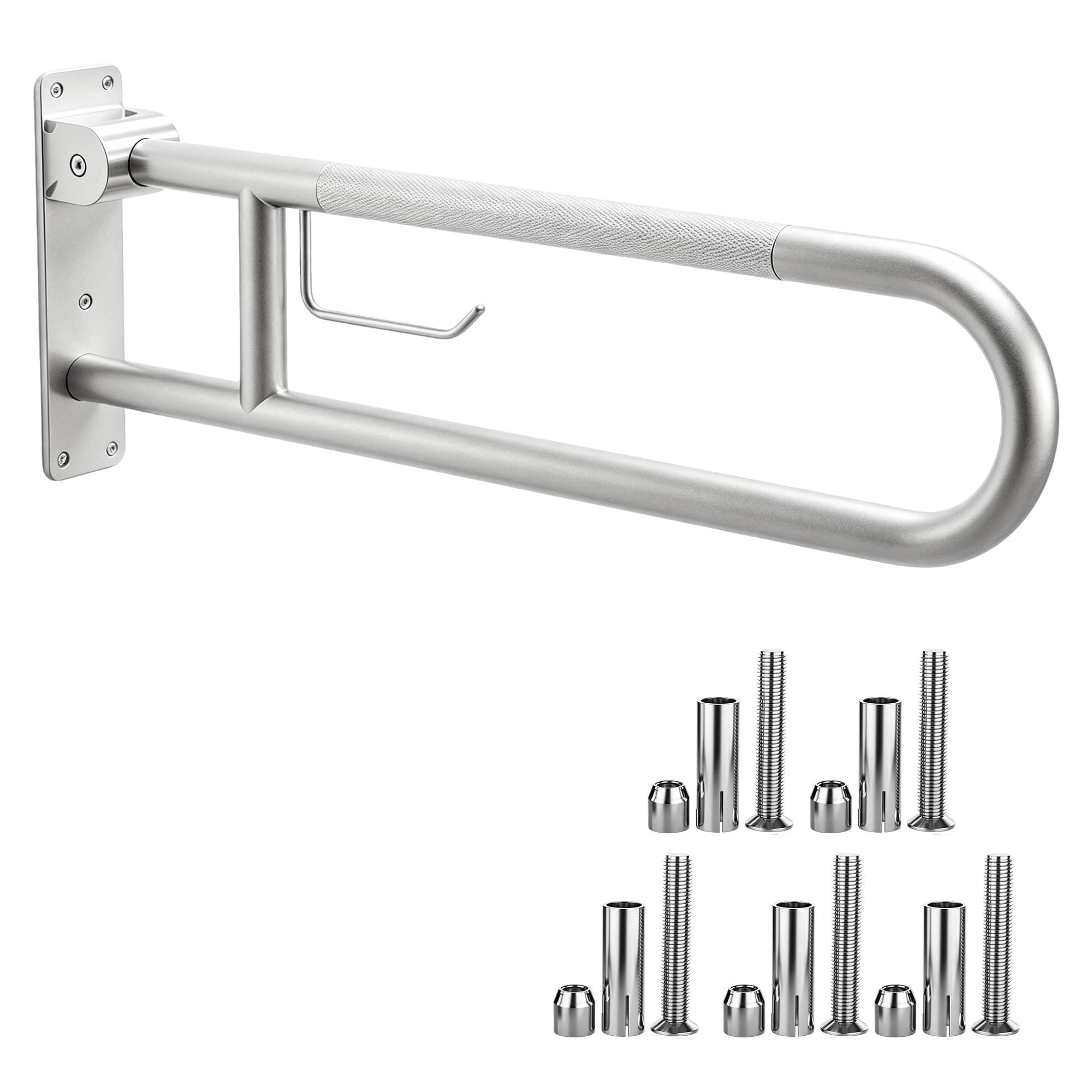 22.5 Inch Toilet Grab Bar, HUAS Brushed Nickel Anti Slip Bathroom Toilet Safety Rails, U Shaped Flip-Up Handicap Grab Bars w/Paper Holder, Stainless Steel Support Handrail for Elderly Disabled Senior