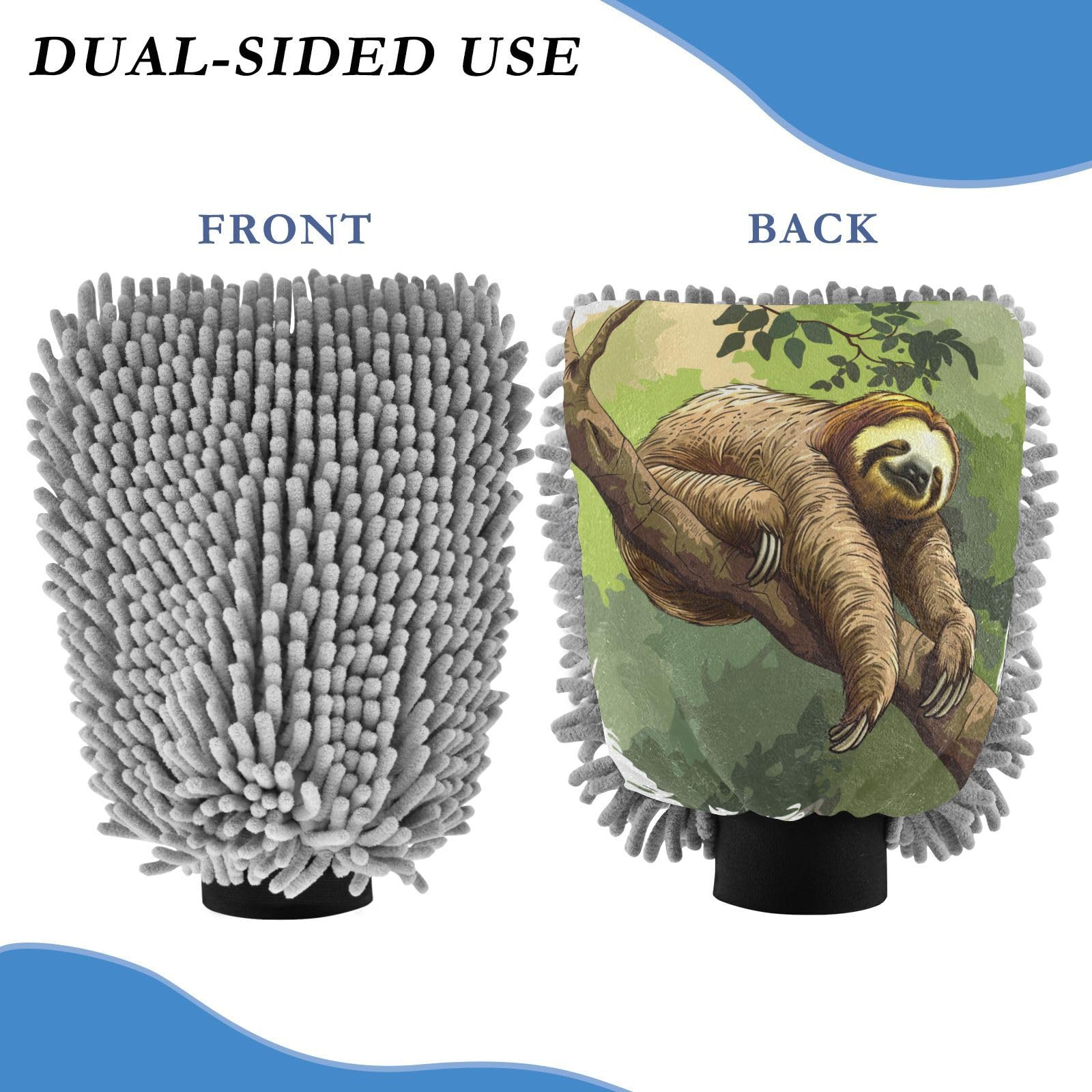 ALAZA Sleeping Sloth Animal Car Wash Mitt Scratch Free, 2 Pack Absorbent Microfiber/Chenille Washing & Drying Mitts, M