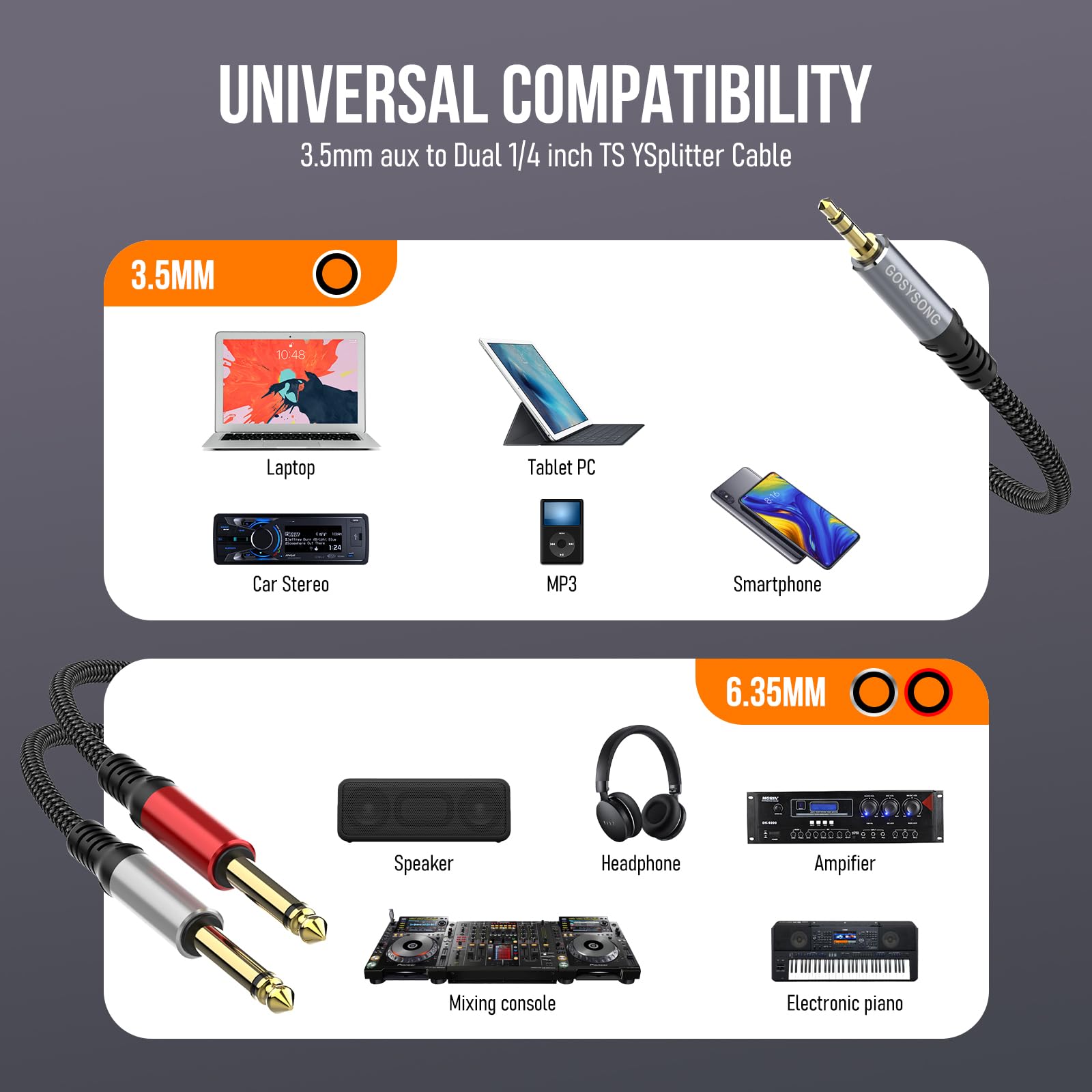 Adaptador de cable de audio divisor en Y de 3,5 mm 1/8 estéreo a dual TS mono Y de 1/4 compatible con iPhone, PC, tarjeta de sonido de computadora, mezclador, altavoz multimedia, sistema estéreo