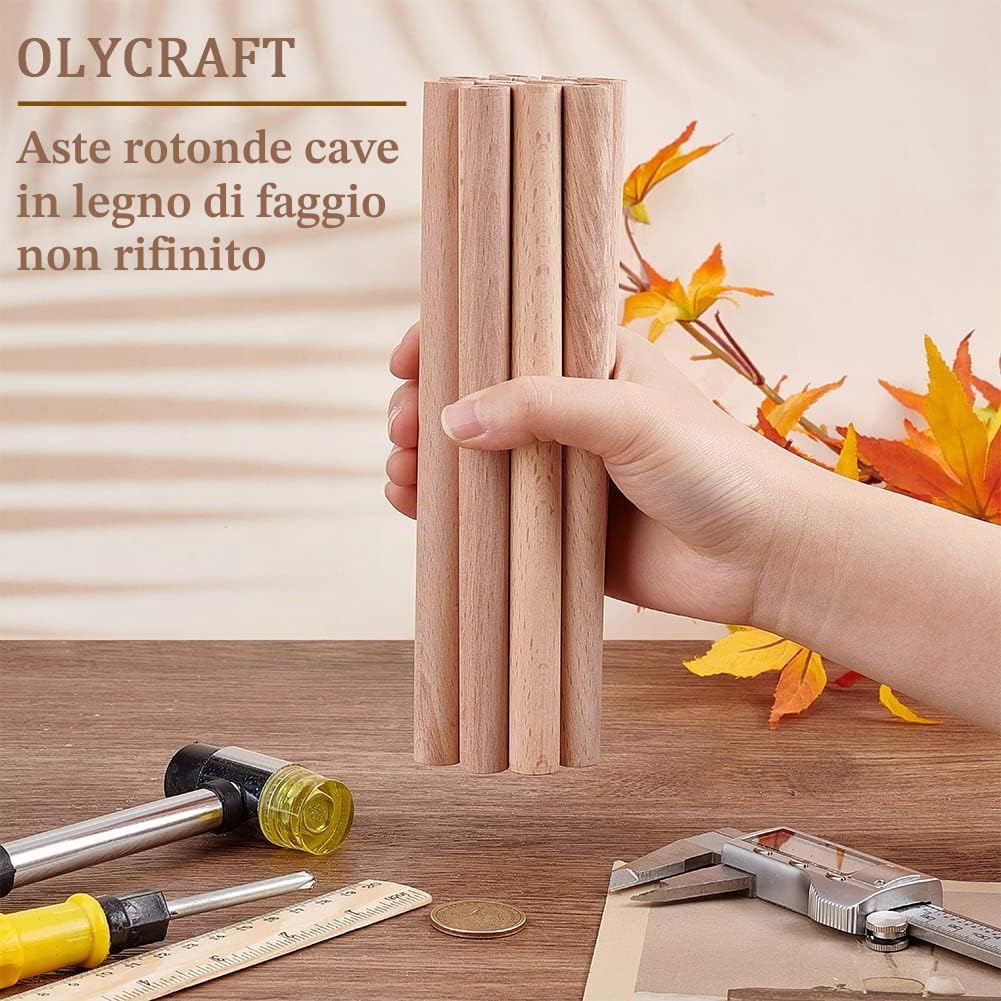 OLYCRAFT 12pz Bastoncini di Legno Cavi Tondi da 20x15 cm con foro da 8 mm in legno di faggio non finito aste rotonde in legno cavo naturale per progetti artistici fai da te e artigianato