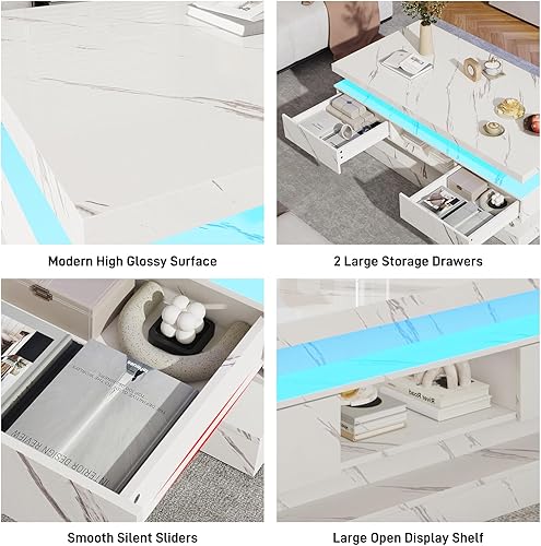 Miniatura 4 de Mesa de café moderna de 47.2 pulgadas con alto brillo LED y 2 cajones deslizantes, mesas centrales de doble capa con luces LED para muebles de sala