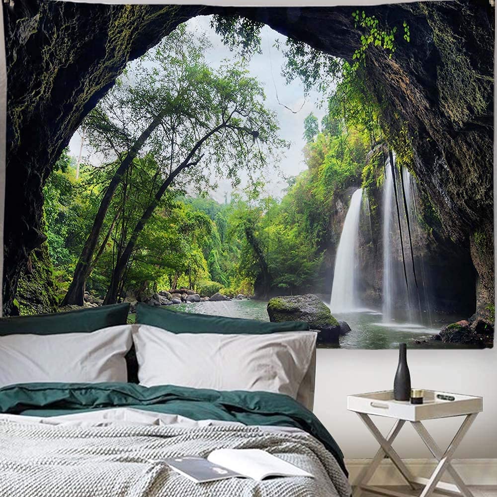 FENDROM Green Misty Forest Tapestry Wall Hanging Nature Mountain Cave Landscape Tapestry Waterfall River Tapestries for Bedroom Living Room Dorm Decor - Image 2