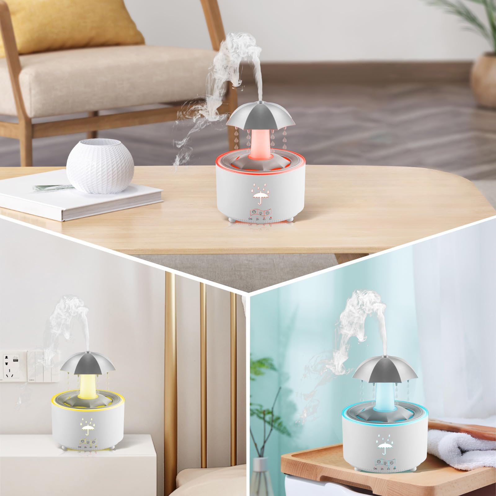 perfk Umidificatore a Goccia Rotante con Ombrello, Purificatore di Oli Essenziali 300ml, 10-30H di Durata, 7 LED Colori, 2/4/8H Timer, 36dB Silenzioso, Diffusore Ambiente per Camera, Ufficio, Bianco