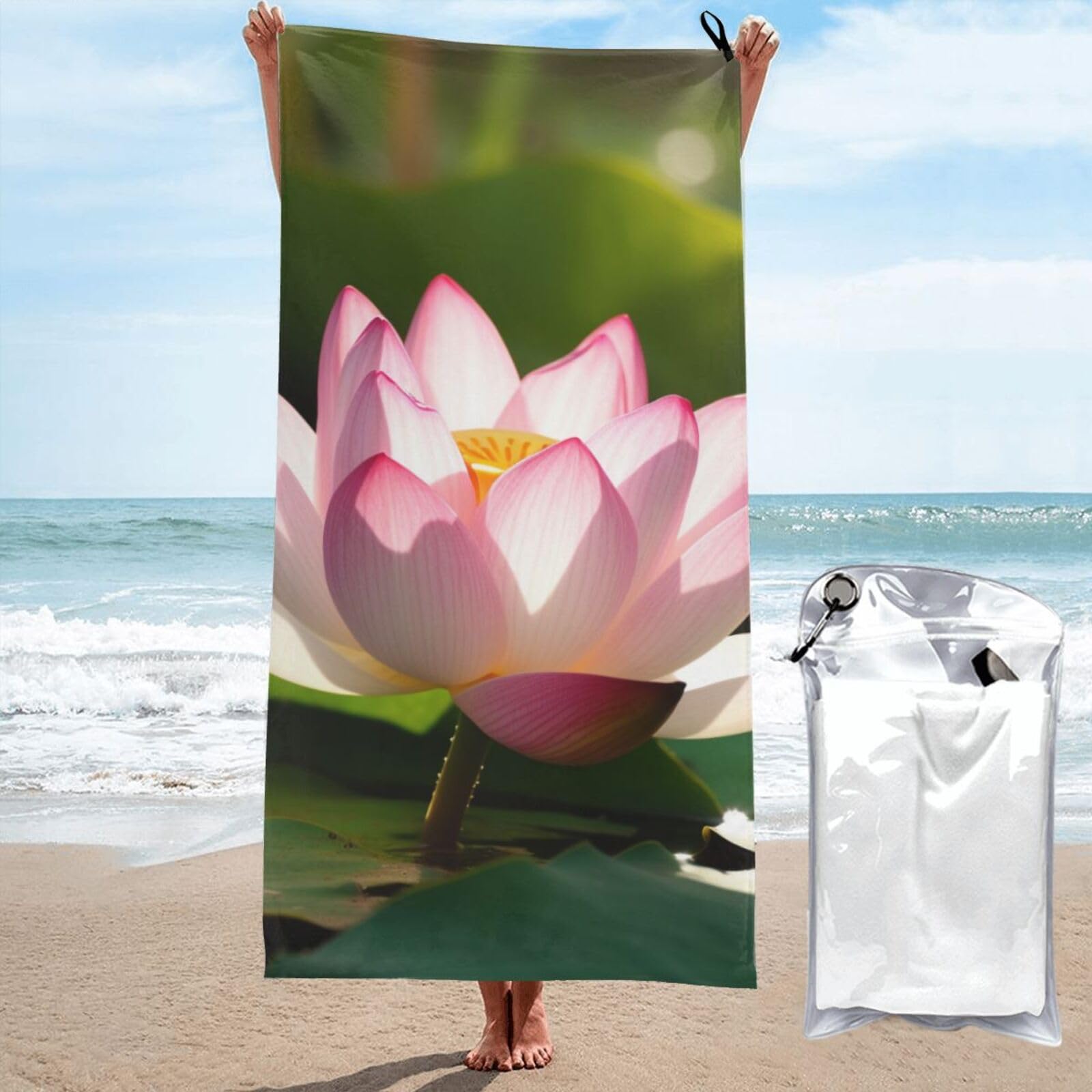 BWWHCCTI Lotus Blossom Printed Microfiber Quick Dry Beach Towel 80x160 CM, Fast Drying Bath Towels with Bags for Travel,Camping,Gym,Beach,Swimming,Yoga