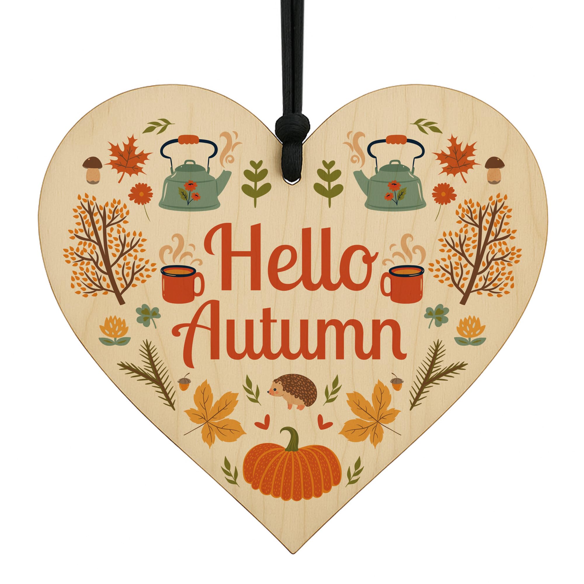 Red Ocean Autumn House Decor- Hello Autumn Wooden Heart Sign, Pumpkins, Maple Accessories for Thanksgiving, Seasonal Home Decor Autuminal Decorations