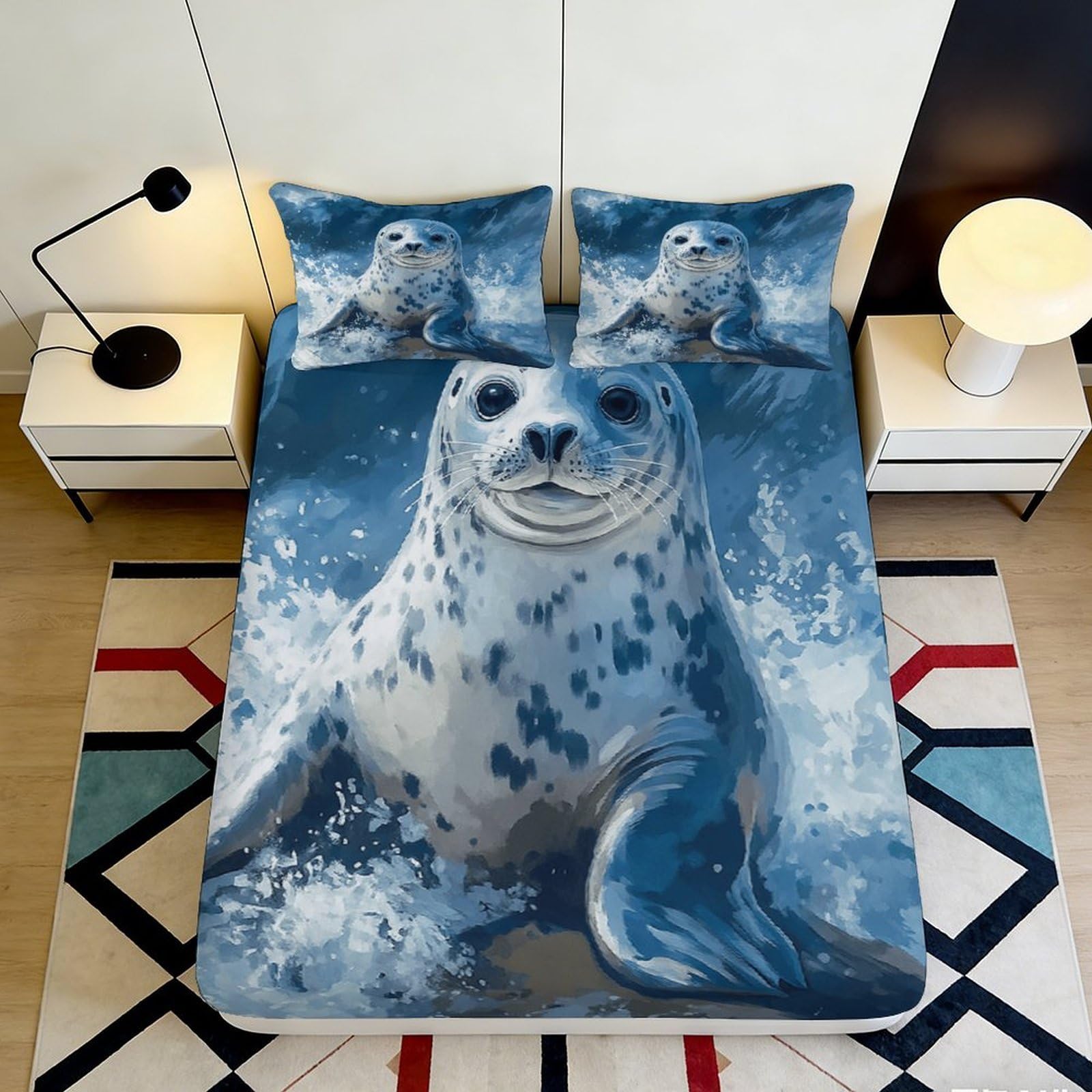 Jqzkxnhpbr Style-4 3D Printed Ocean Seal Fitted Sheet Microfiber Soft Blue Water Wave Mattress Cover For Bedroom Guest Room Decor 90X200x25cm