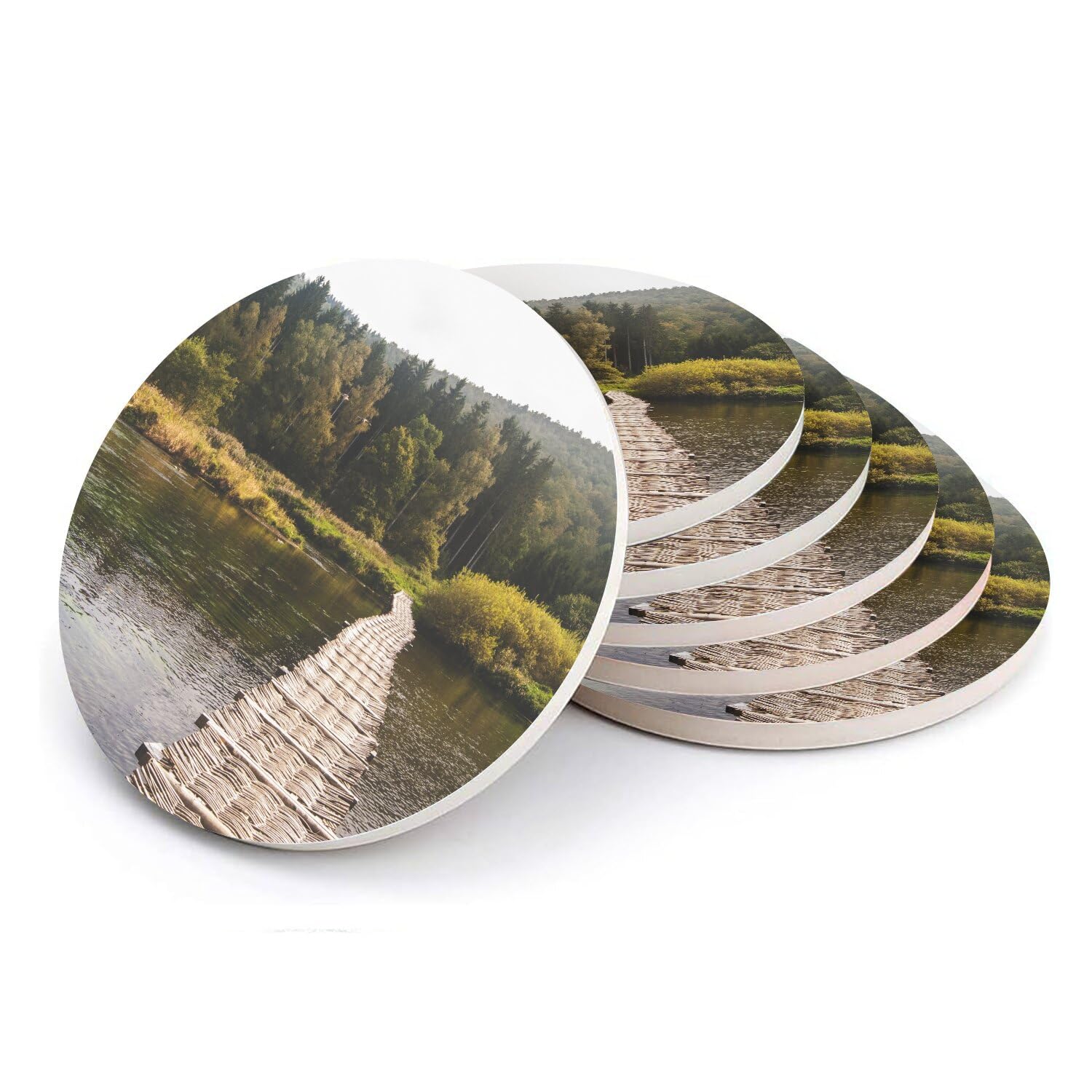 Sous-verre ronds en céramique 108x108mm déco nature forêt et rivière pour table