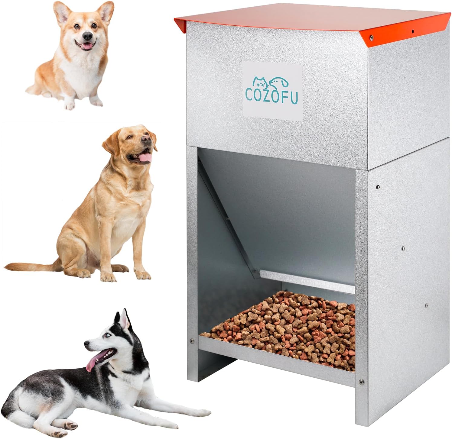 Dog Feeder – Galvanized Metal Pet Food Station for Indoor & Outdoor Use – Automatic Gravity-Fed Dispenser Suitable for Small, Medium, and Large Dog Breeds – Capacity: 25 Pounds of Dry Kibble