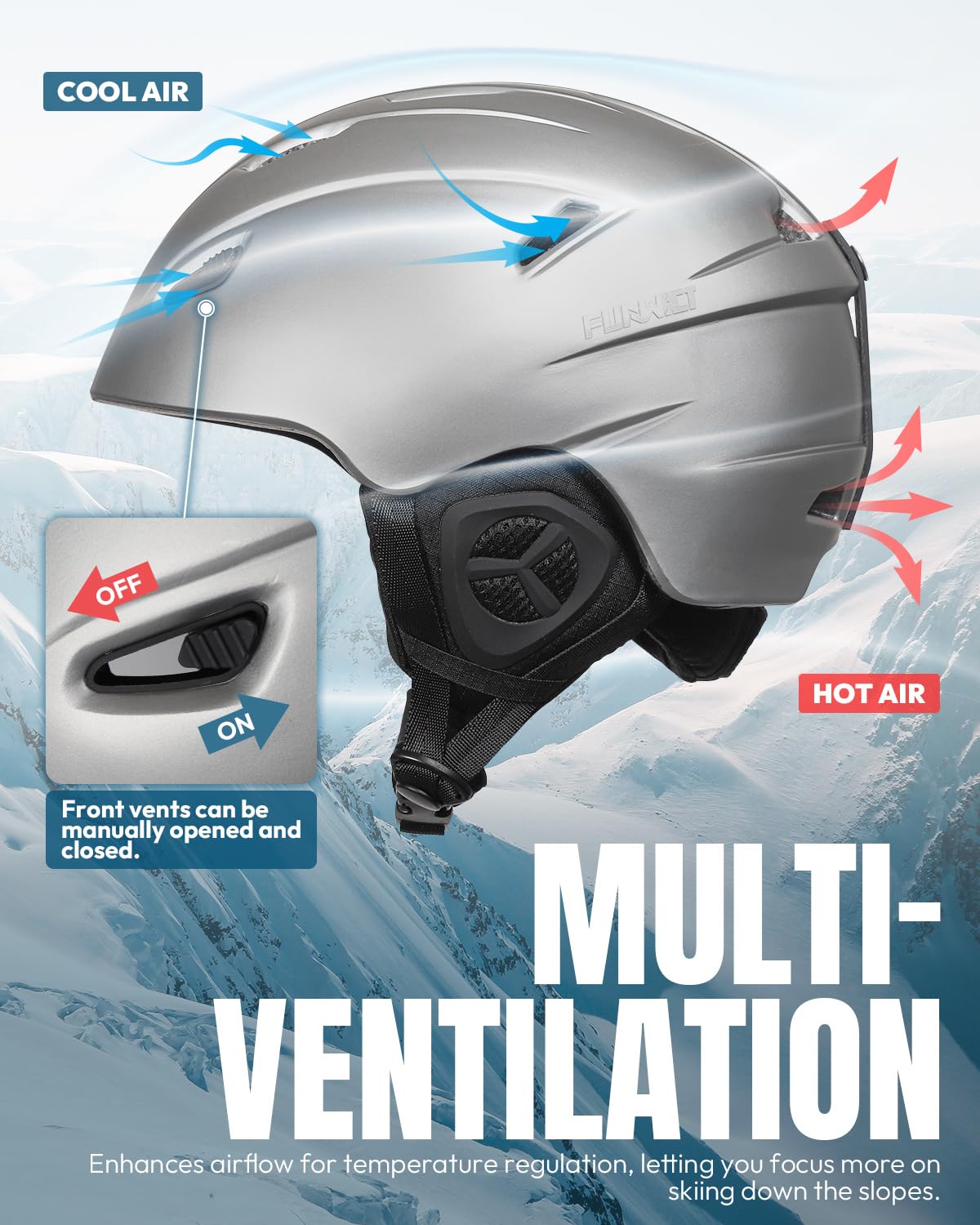 Kask narciarski dla mężczyzn i kobiet, regulowany kask narciarski z 12 otworami wentylacyjnymi, wyjmowana wyściółka wewnętrzna i nauszniki, lekki kask snowboardowy do sportów zimowych (srebrny
