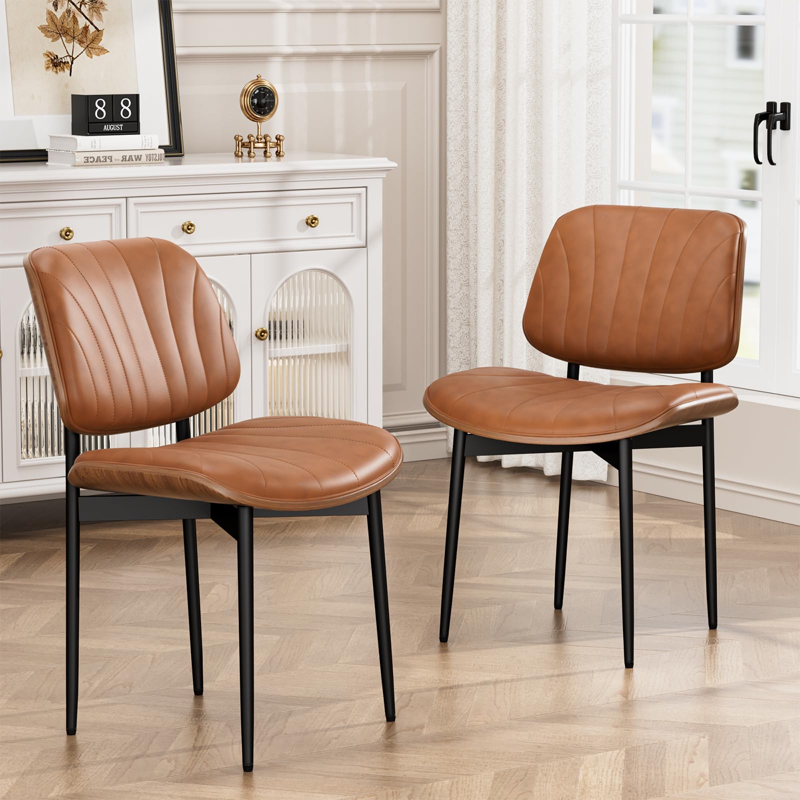 YaFiti Dining Chairs Set of 2, Dining Room and Kitchen Chairs, Mid Century Modern Accent Chair, Upholstered PU Leather Chairs for Vanity with Walnut