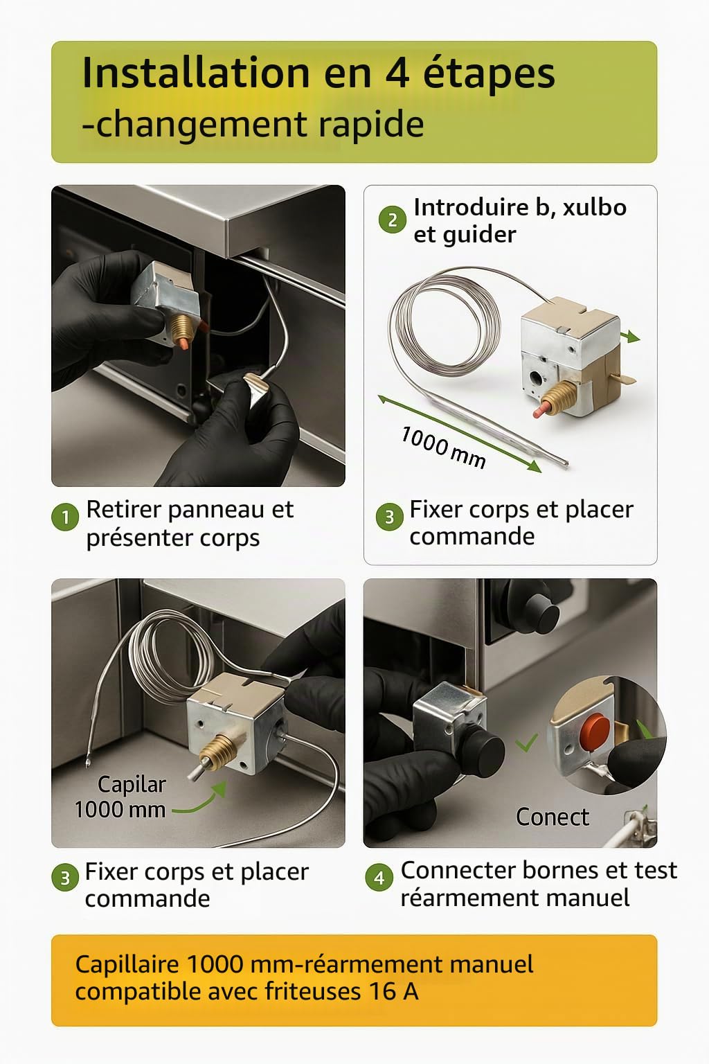 CubetasGastronorm Thermostat de sécurité friteuse 240° Capillaire 1000 mm avec REARME 16 A capillaire 1000 mm Protection contre la surchauffe Précision Haute résistance Friteuses industrielles et