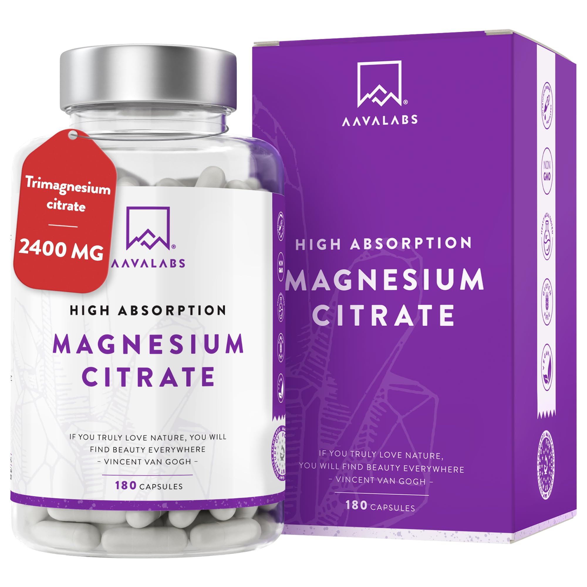 Aavalabs Magnesium Supplements for Women and Men - 2400mg per Daily Dose - (360mg Elemental) - 180 Magnesium Citrate Capsules - 3 Capsules Per Day - Vegan